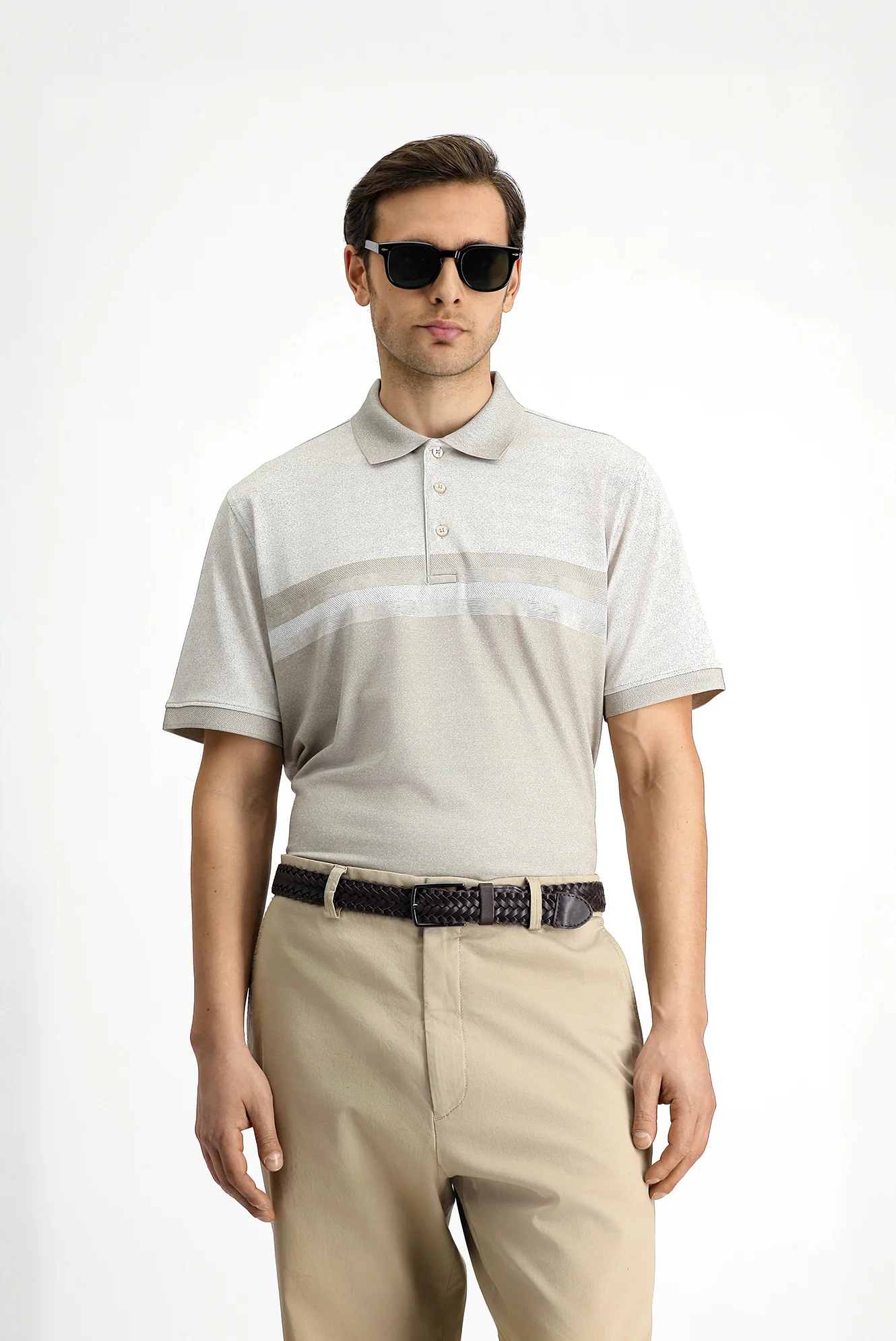 Orta Bej Regular Fit Desenli Likralı Polo Yaka Tişört - Image 3