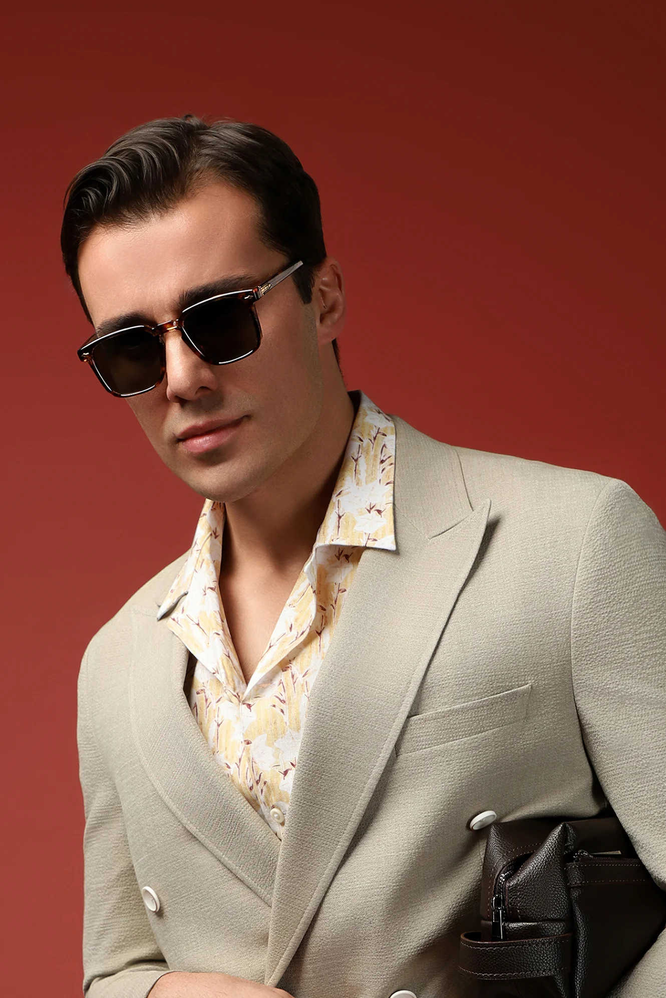 Orta Bej 6 Drop Regular Fit Standart Kesim Keten Karışımlı Kruvaze Takım Elbise - Image 2