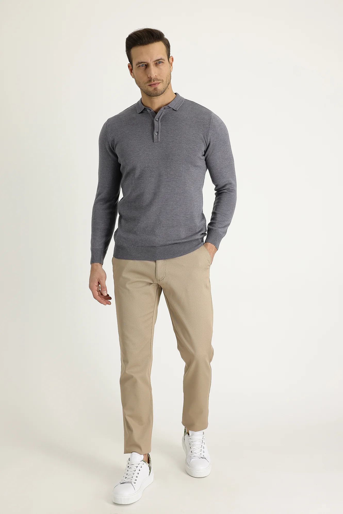Orta Bej Regular Fit Standart Kesim Likralı Kanvas / Chino Pantolon - Image 2