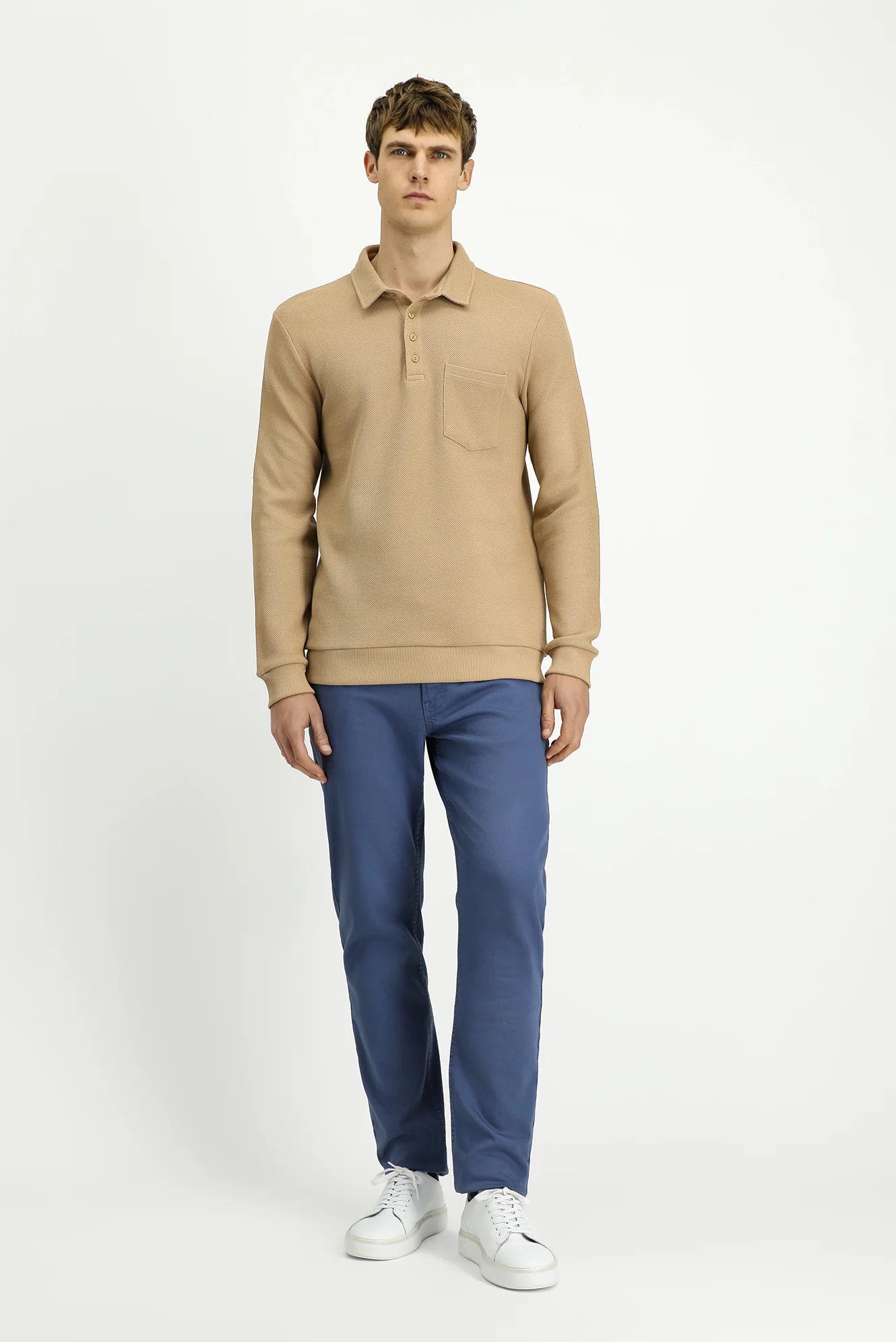 Orta Bej Polo Yaka Regular Fit Desenli Cepli Pamuk Sweatshirt - Image 2