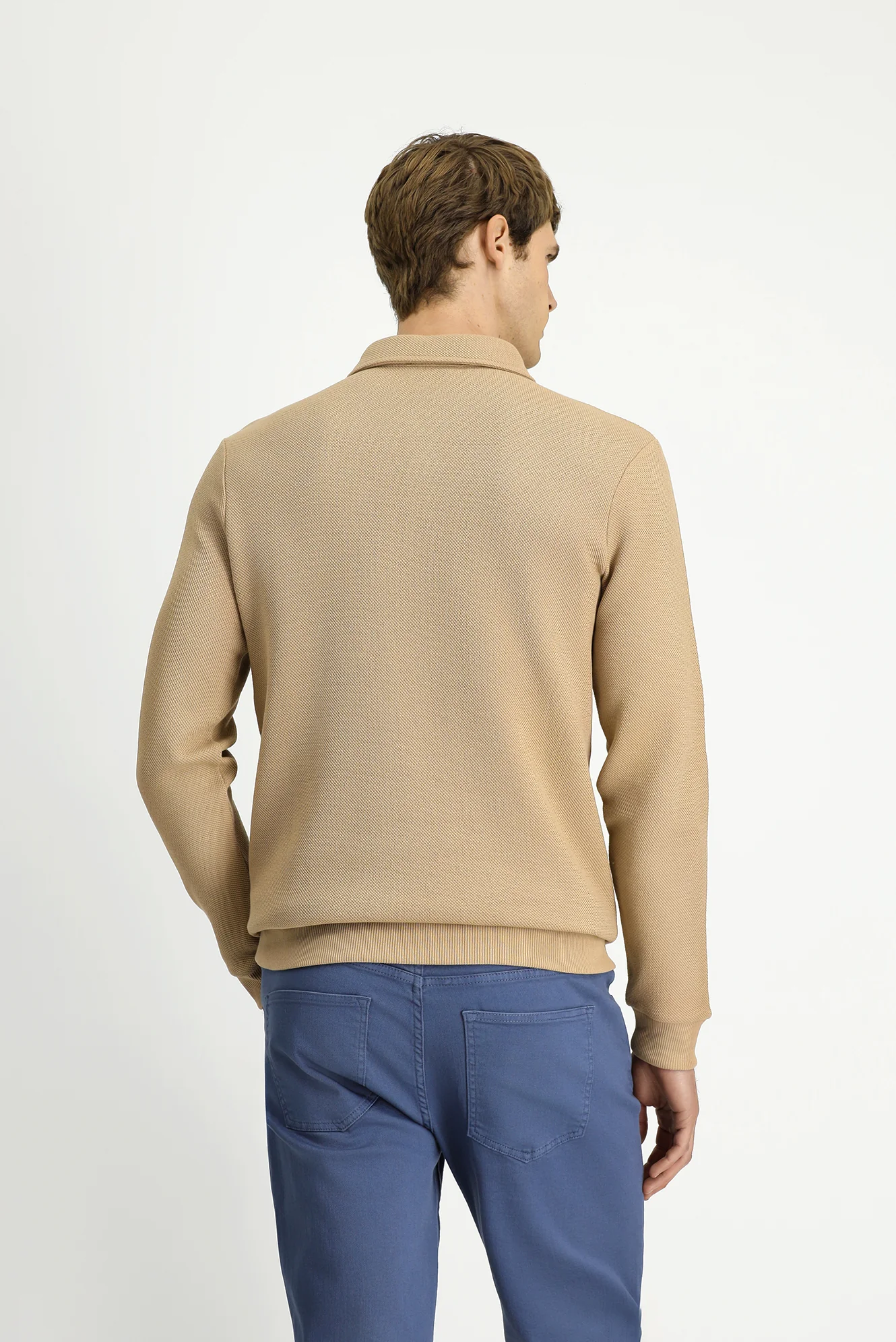 Orta Bej Polo Yaka Regular Fit Desenli Cepli Pamuk Sweatshirt - Image 4