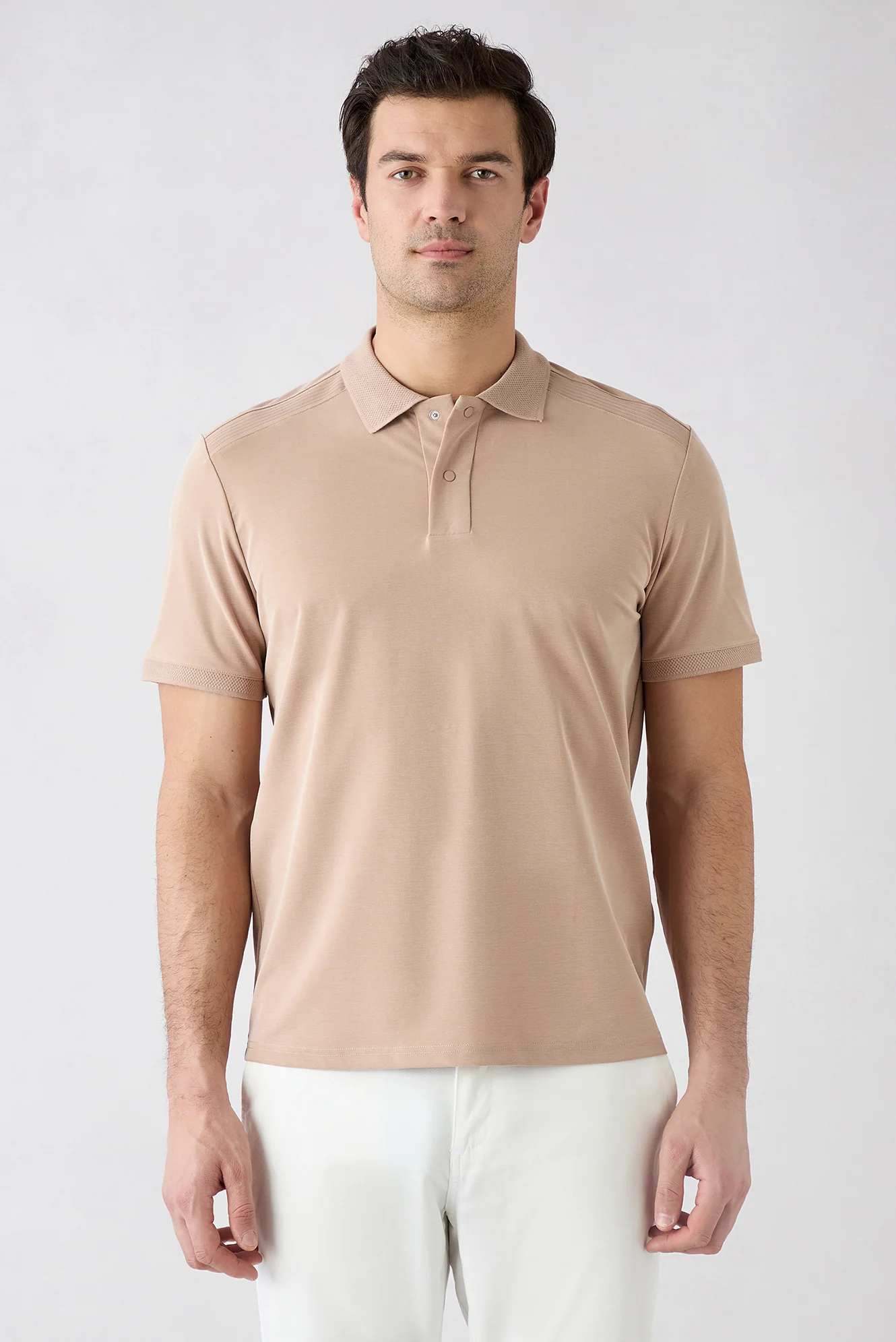 Orta Bej Regular Fit Çıtçıtlı Polo Yaka Ribana Detaylı Lyocell Karışımlı Tişört