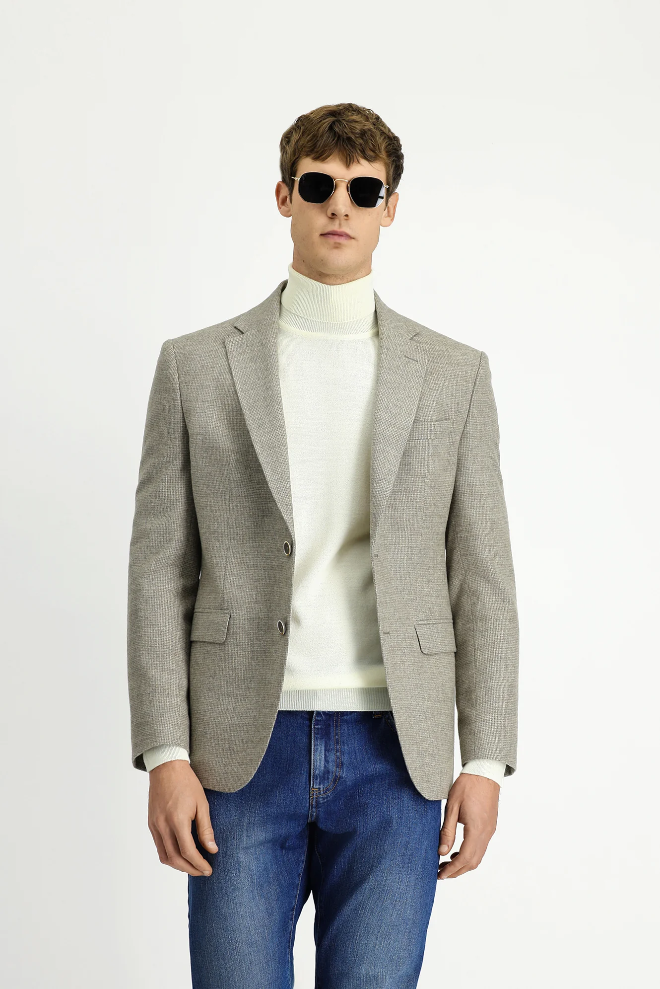 Orta Bej 4 Drop Relaxed Fit Rahat Kesim Desenli Yünlü Ceket - Image 2