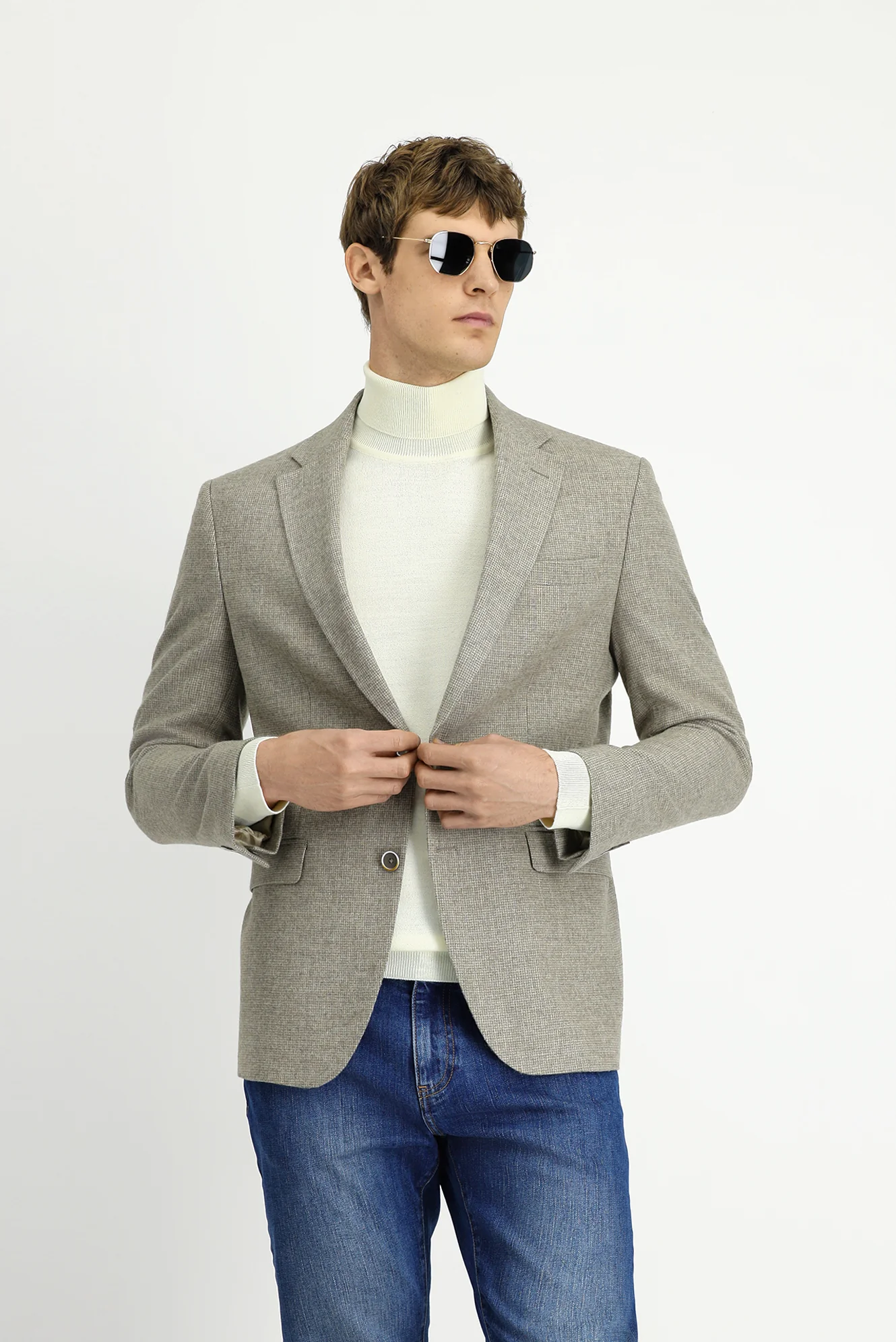 Orta Bej 4 Drop Relaxed Fit Rahat Kesim Desenli Yünlü Ceket - Image 5