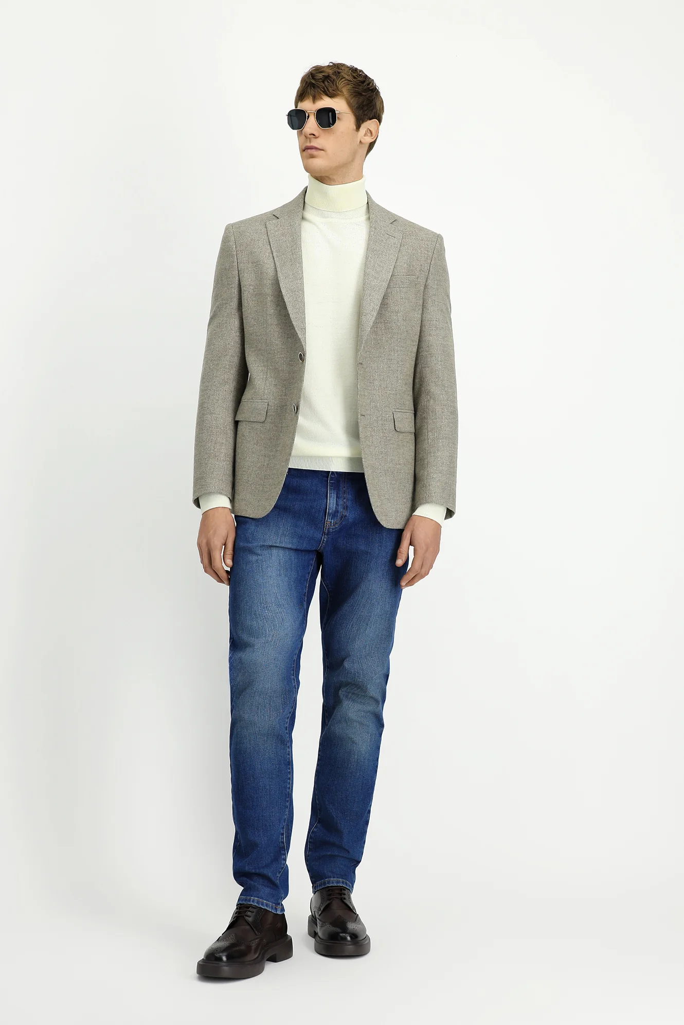 Orta Bej 7 Drop Slim Fit Dar Kesim Desenli Yünlü Ceket - Image 3