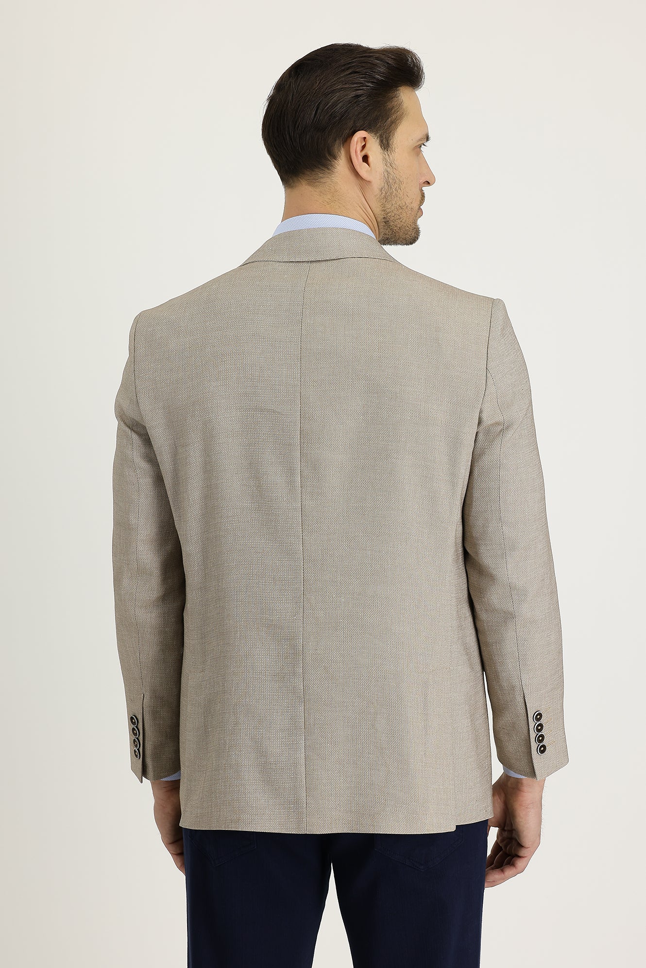 Orta Bej 4 Drop Relaxed Fit Rahat Kesim Klasik Desenli Keten Ceket - Image 3