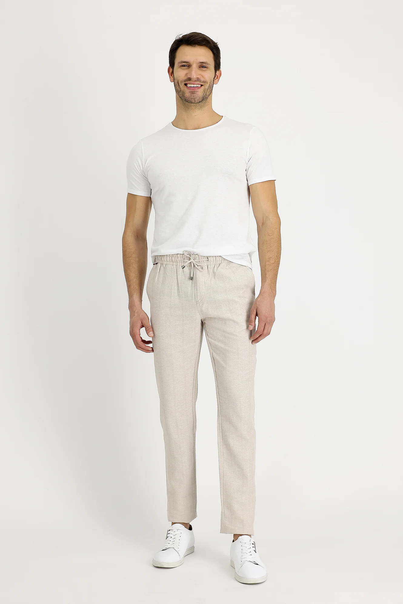 Orta Bej Slim Fit Dar Kesim Beli Lastikli İpli Çizgili Keten Pantolon
