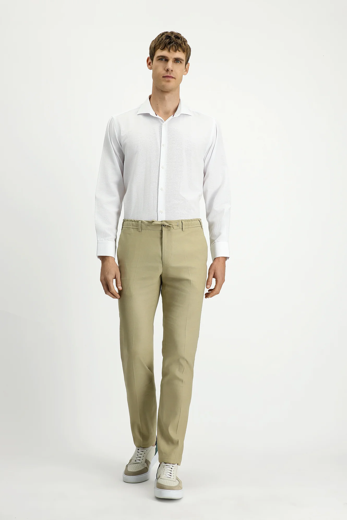 Orta Bej Slim Fit Dar Kesim Beli Lastikli İpli Keten Karışımlı Jogger Pantolon