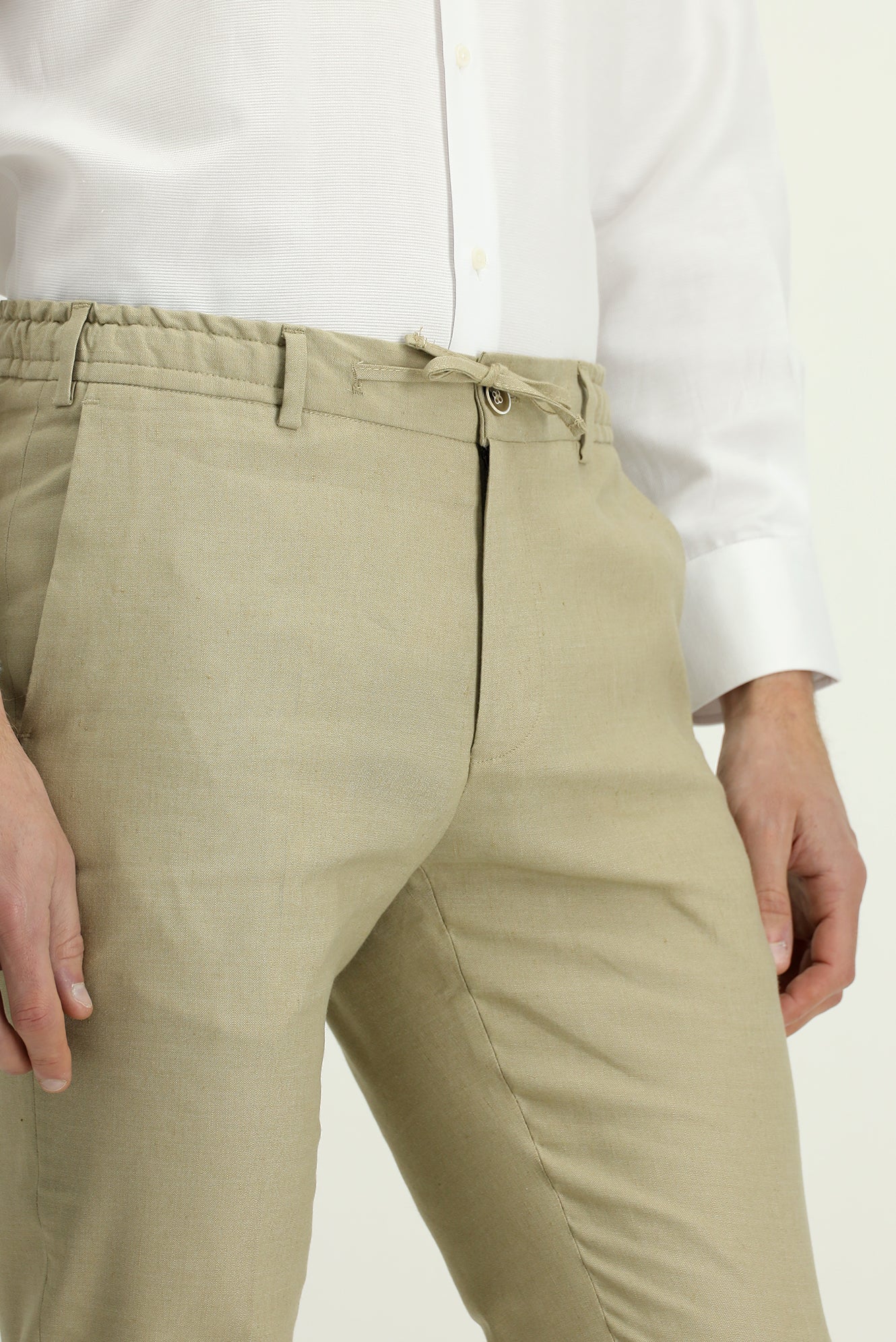 Orta Bej Slim Fit Dar Kesim Beli Lastikli İpli Keten Karışımlı Jogger Pantolon - Image 4