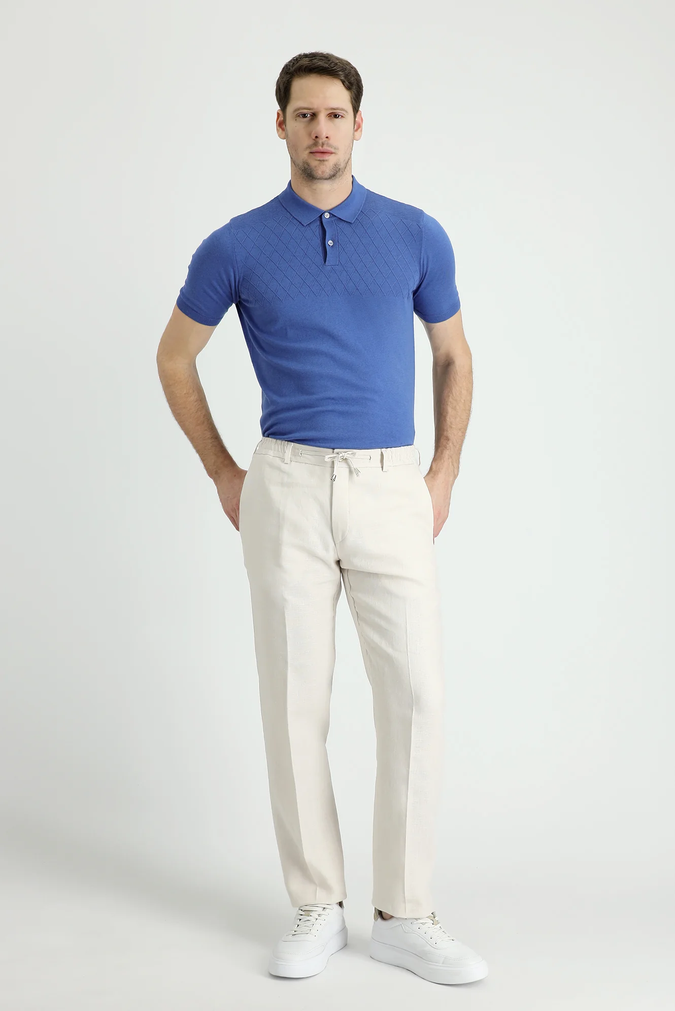 Orta Bej 7 Drop Slim Fit Dar Kesim Beli Lastikli İpli Klasik Keten Kumaş Pantolon - Image 2