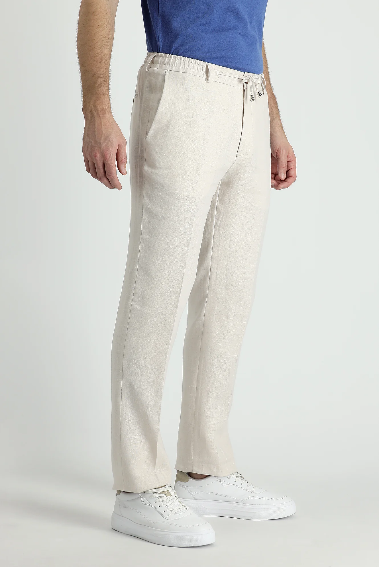 Orta Bej 7 Drop Slim Fit Dar Kesim Beli Lastikli İpli Klasik Keten Kumaş Pantolon - Image 3