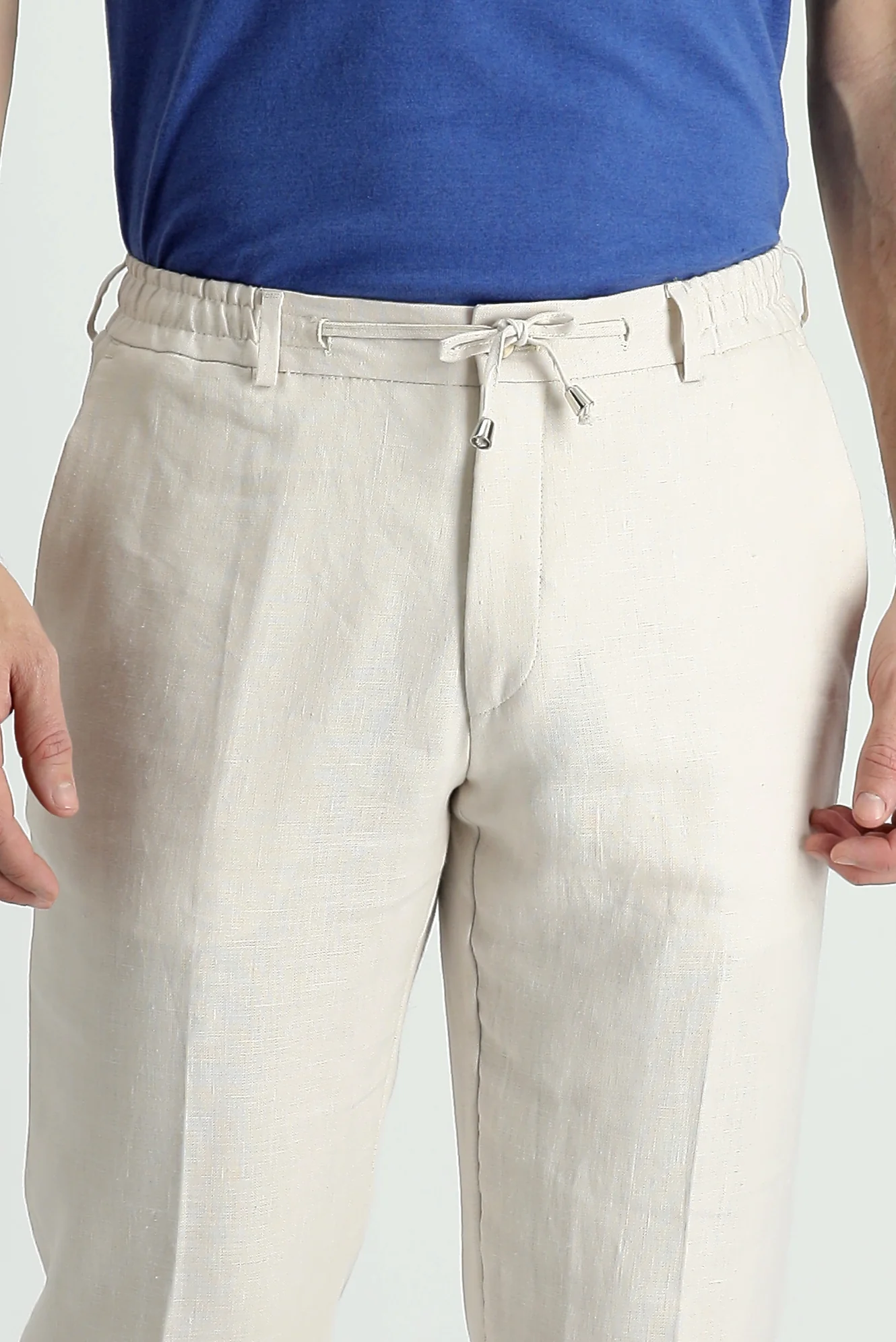 Orta Bej 7 Drop Slim Fit Dar Kesim Beli Lastikli İpli Klasik Keten Kumaş Pantolon - Image 4