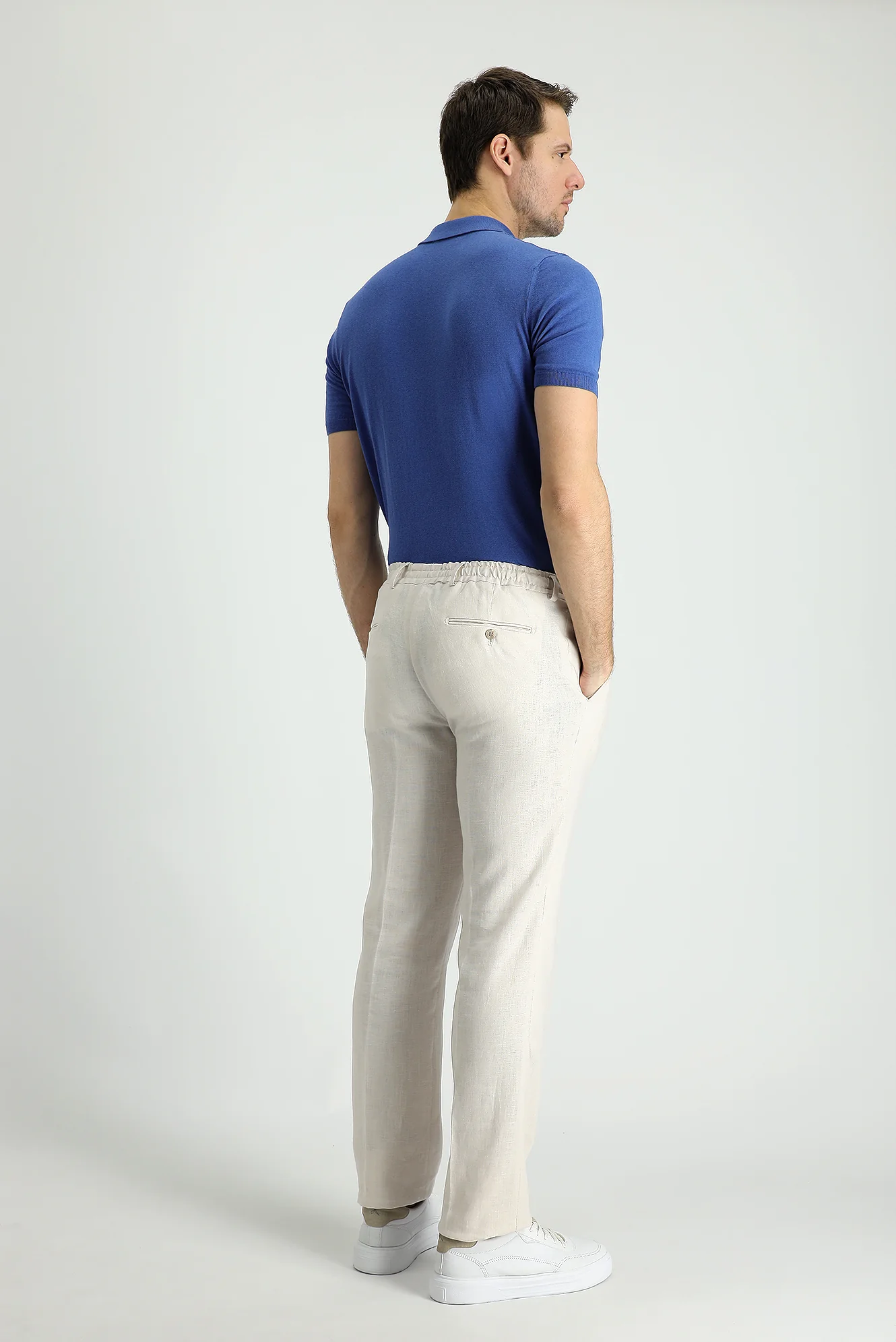 Orta Bej 7 Drop Slim Fit Dar Kesim Beli Lastikli İpli Klasik Keten Kumaş Pantolon - Image 5