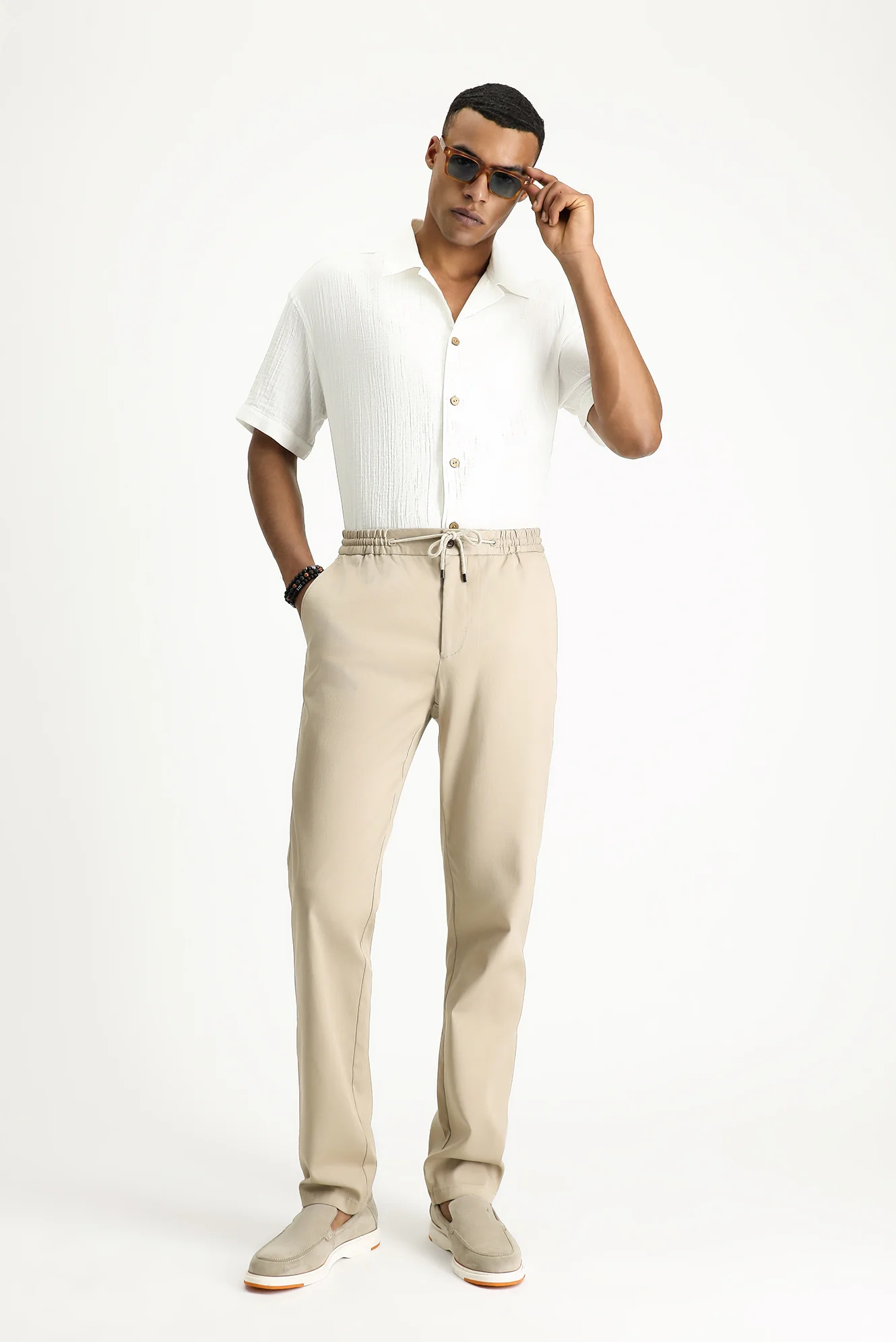 Orta Bej Slim Fit Dar Kesim Beli Lastikli İpli Likralı Jogger Pantolon