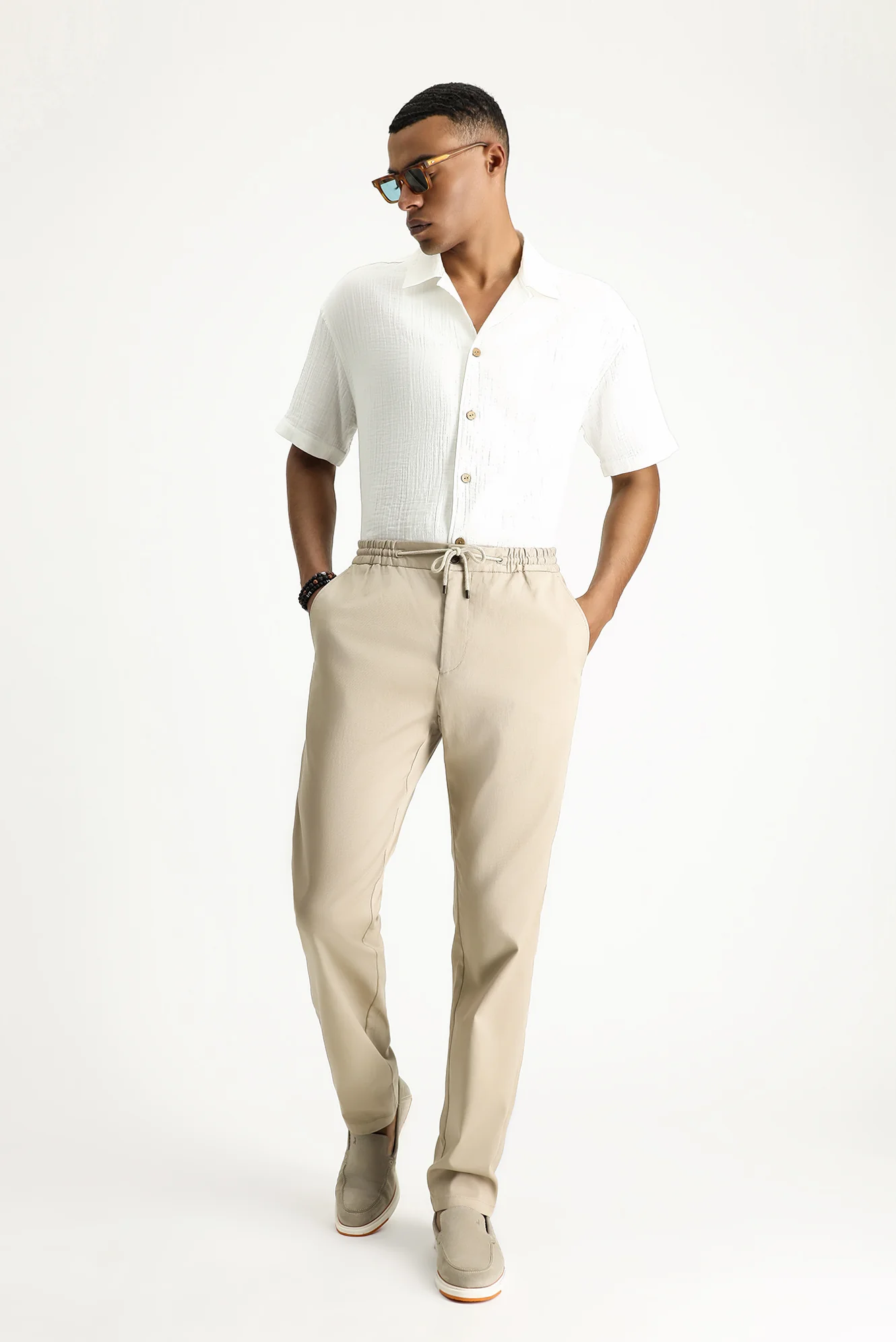 Orta Bej Slim Fit Dar Kesim Beli Lastikli İpli Likralı Jogger Pantolon - Image 2