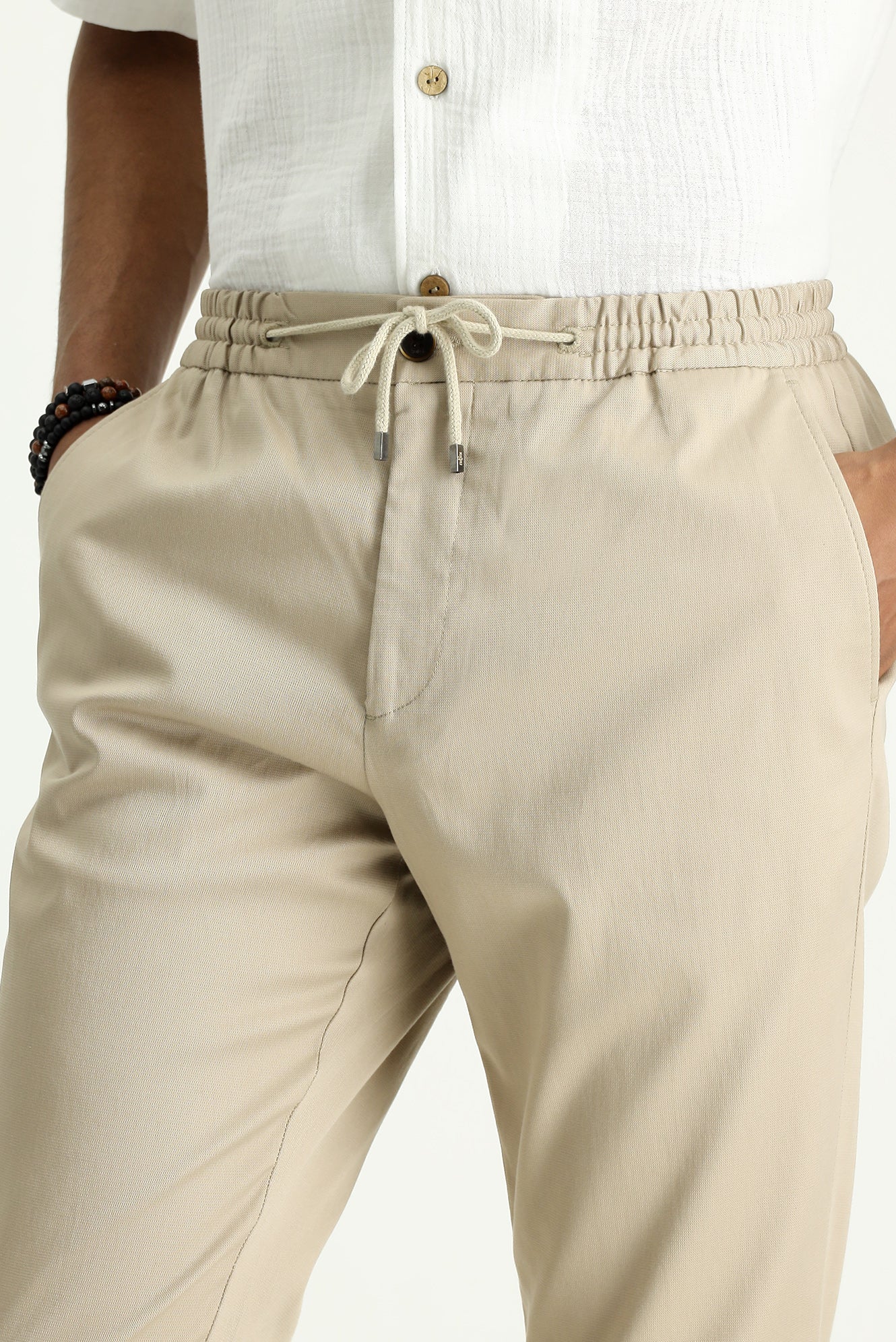 Orta Bej Slim Fit Dar Kesim Beli Lastikli İpli Likralı Jogger Pantolon - Image 4