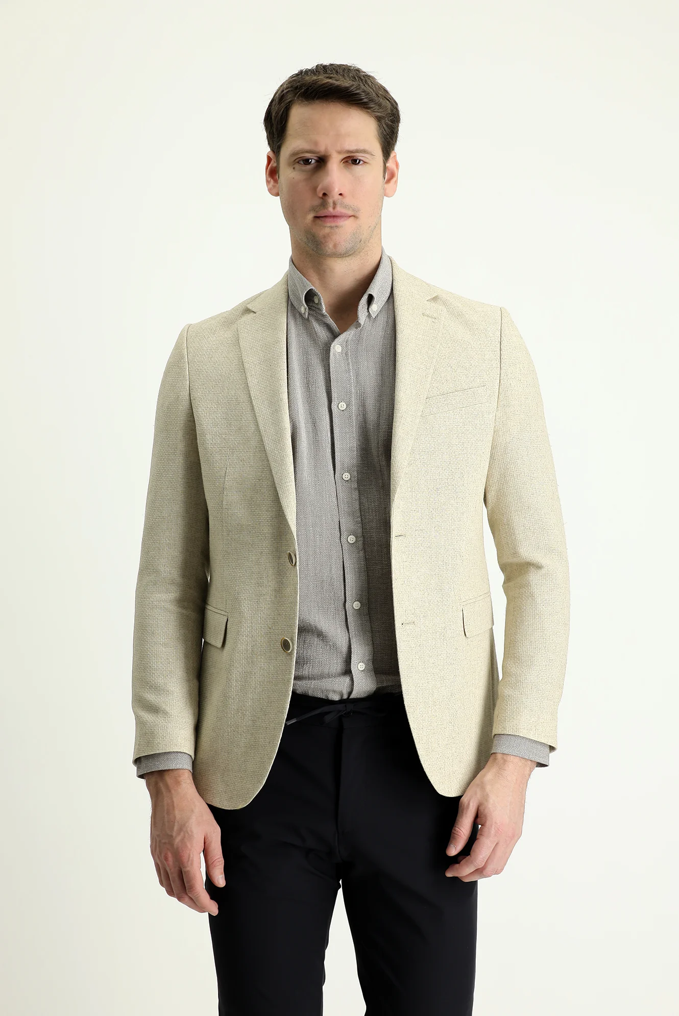 Orta Bej 7 Drop Slim Fit Dar Kesim Klasik Desenli Keten Ceket - Image 2