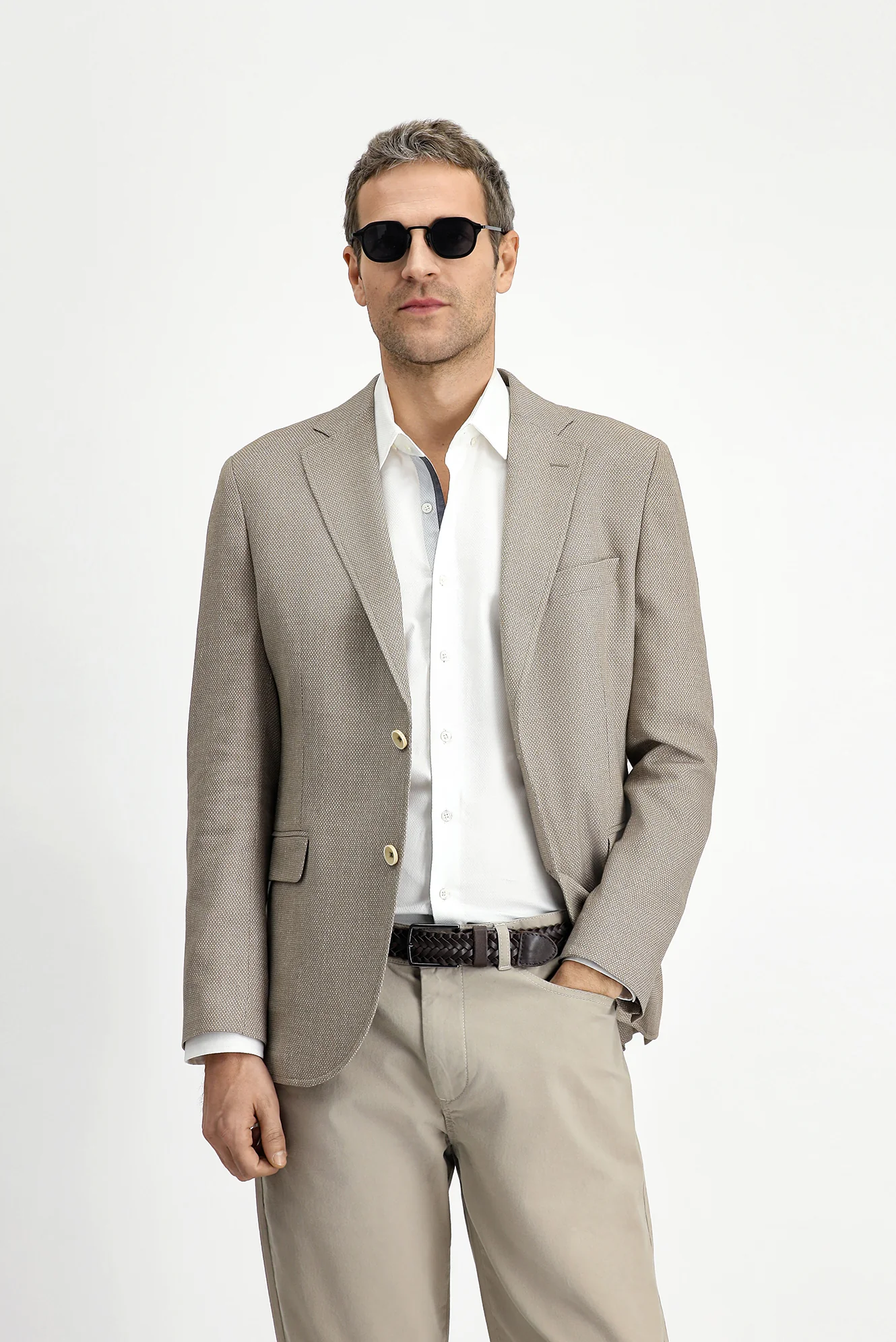 Orta Bej 7 Drop Slim Fit Dar Kesim Klasik Keten Karışımlı Desenli Ceket - Image 3