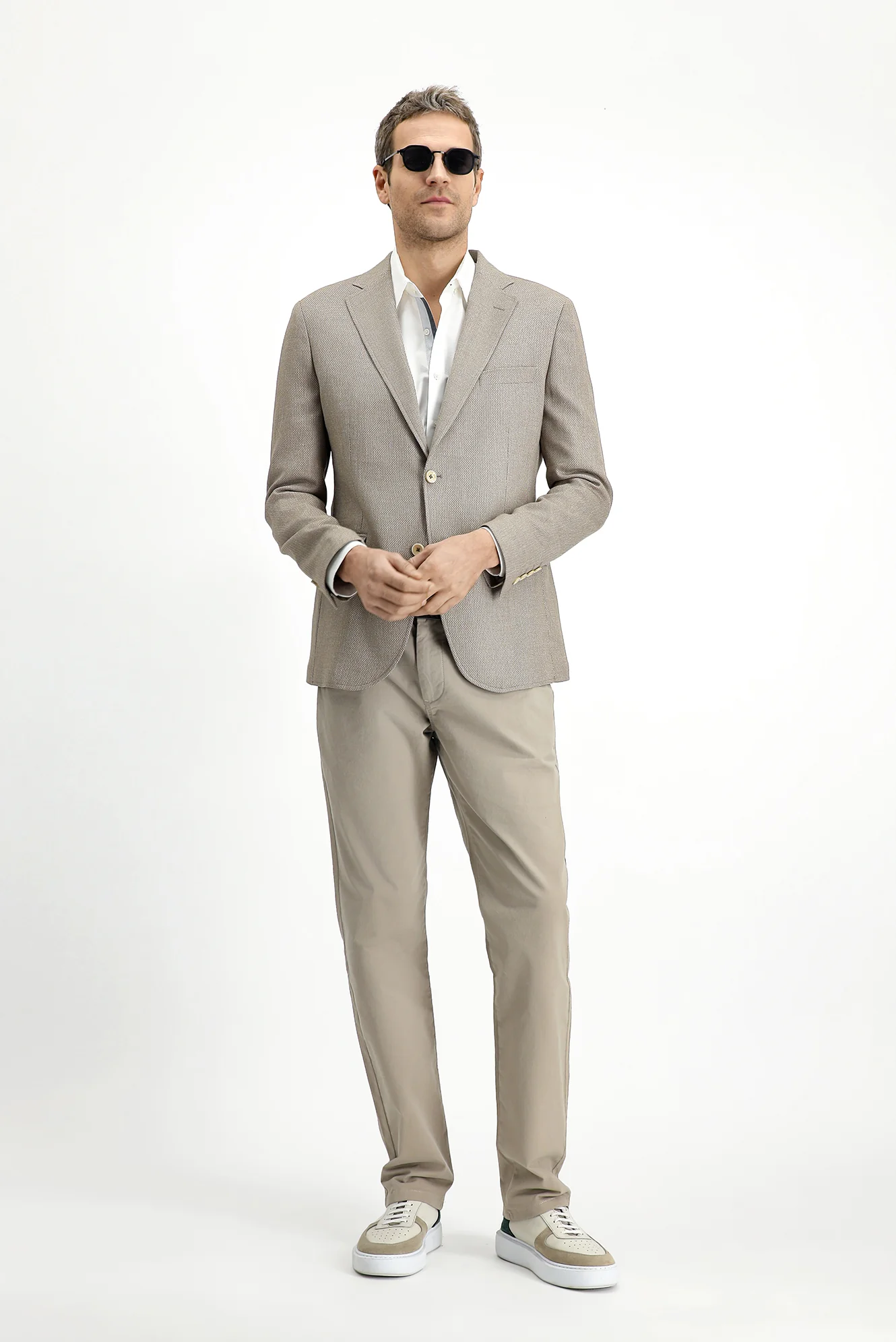 Orta Bej 7 Drop Slim Fit Dar Kesim Klasik Keten Karışımlı Desenli Ceket - Image 4