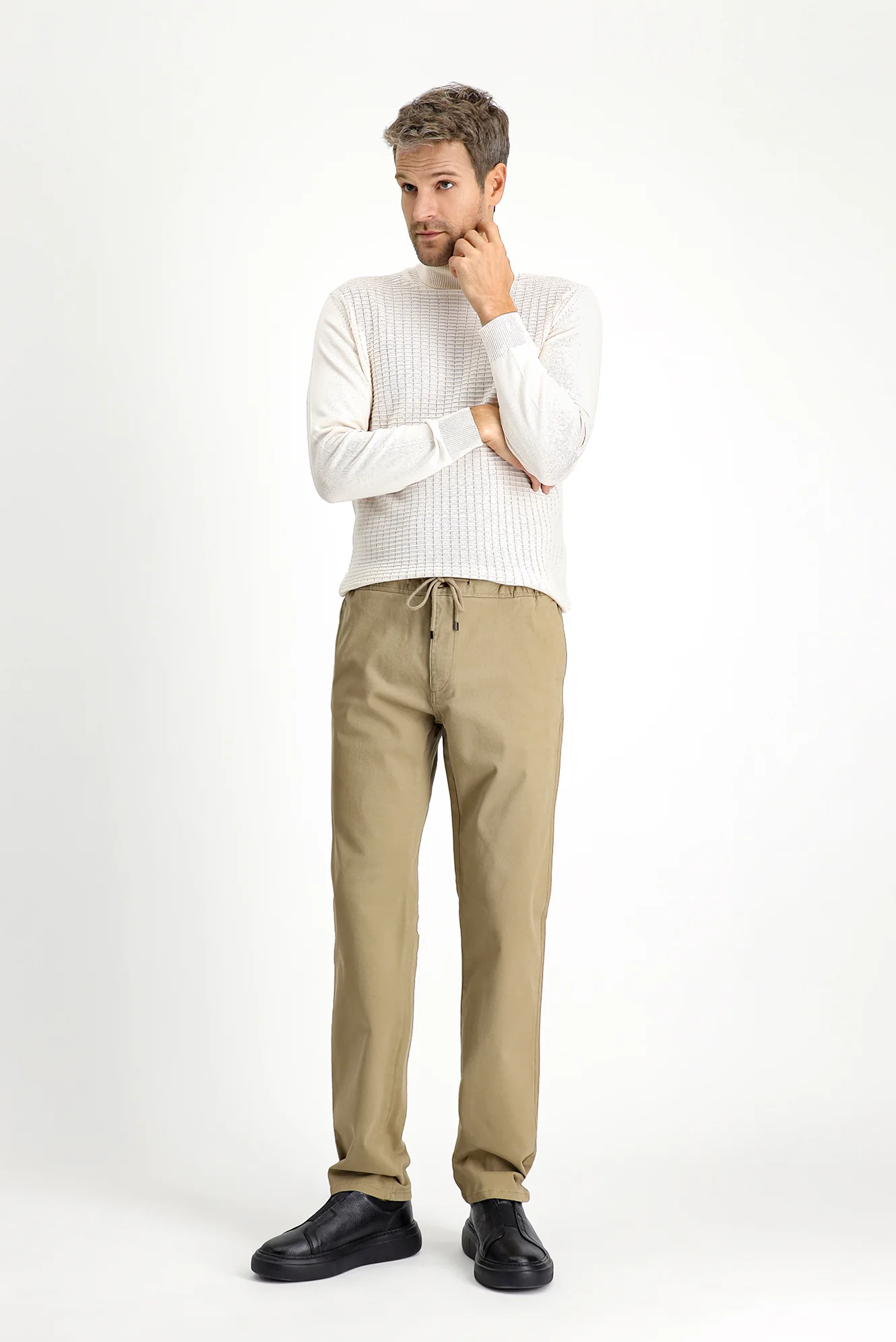 Orta Bej Slim Fit Dar Kesim Likralı Beli Lastikli İpli Jogger Pantolon