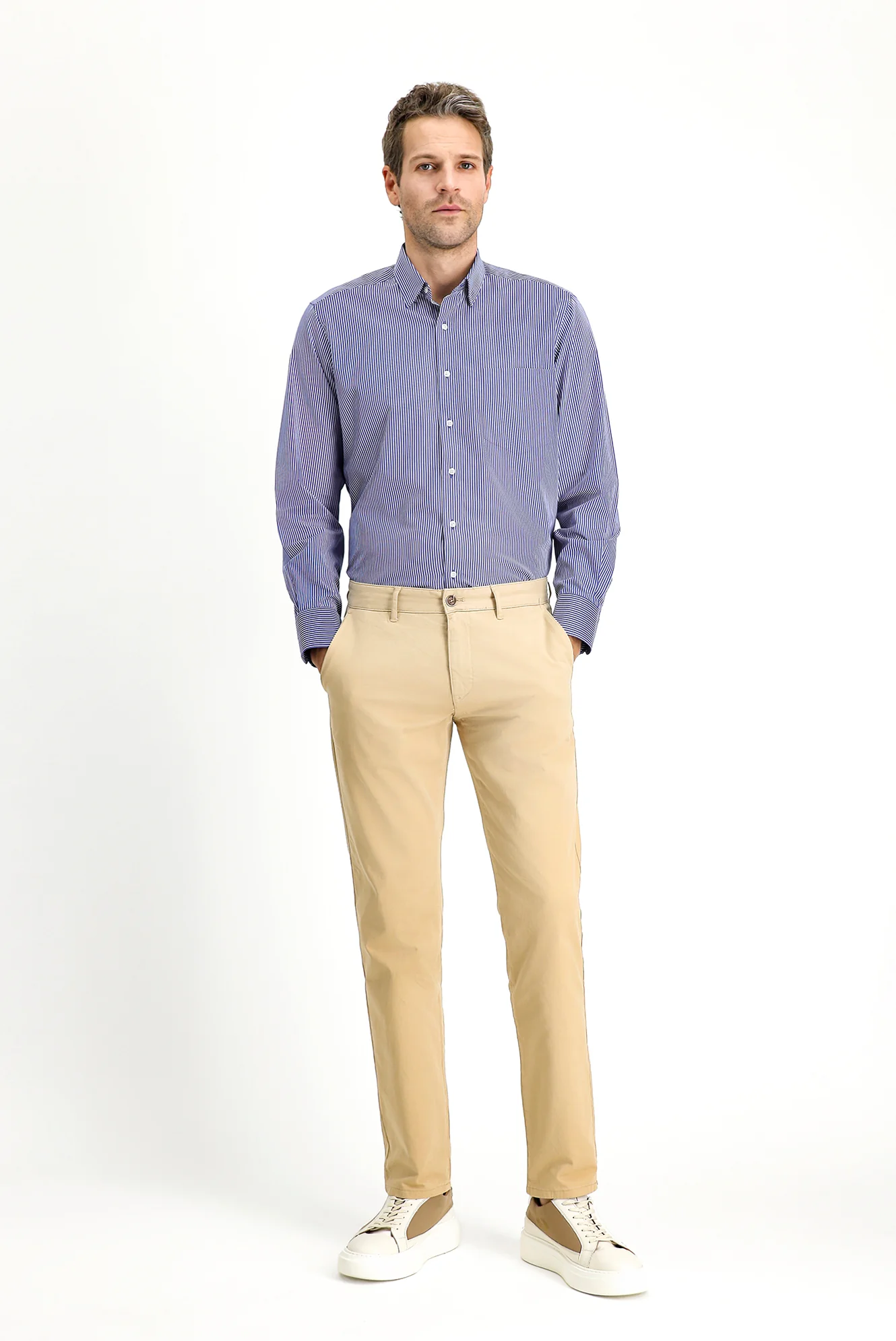 Orta Bej Slim Fit Dar Kesim Likralı Kanvas / Chino Pantolon