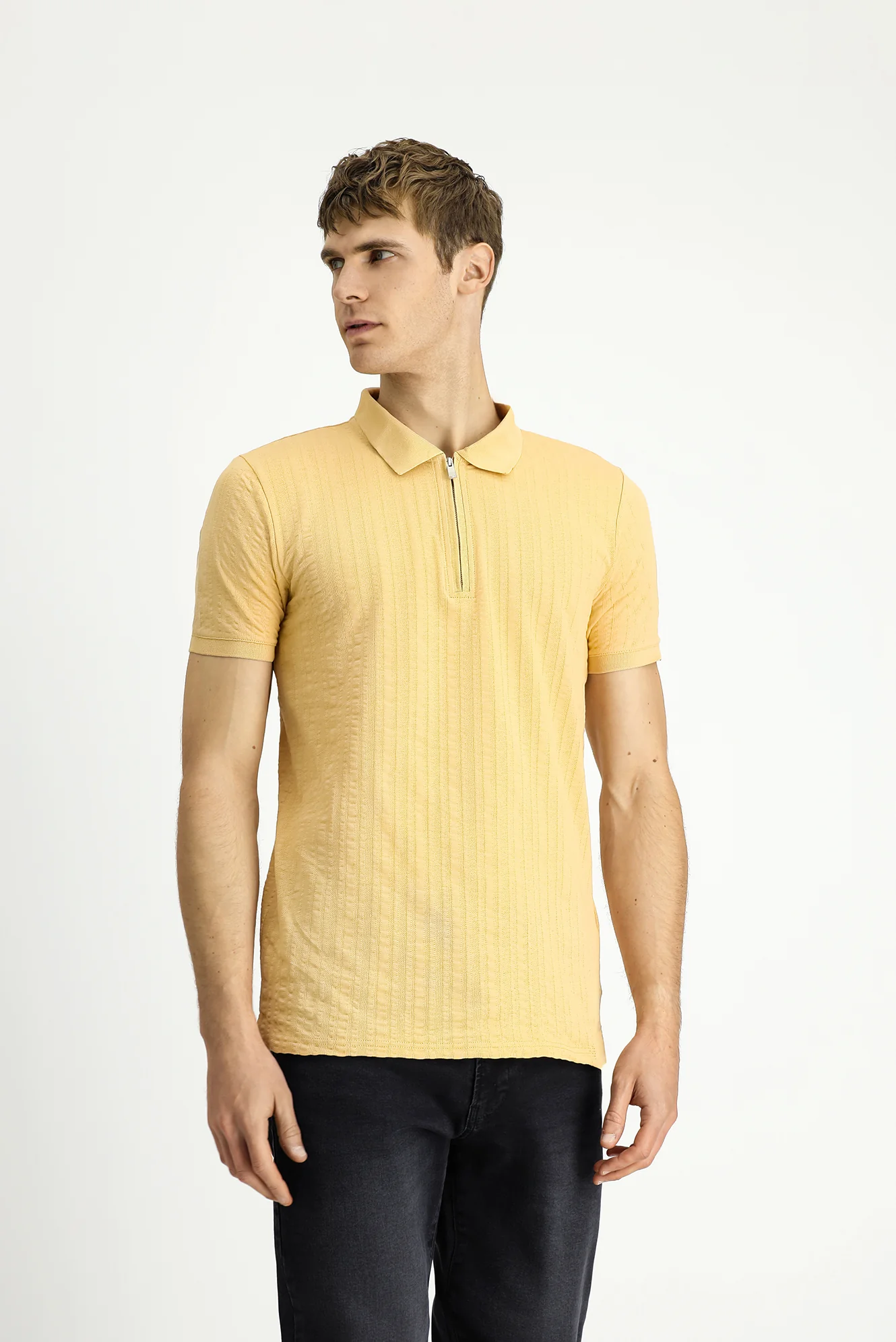 Orta Bej Slim Fit Dar Kesim Pamuk Desenli Fermuarlı Polo Yaka Tişört - Image 3