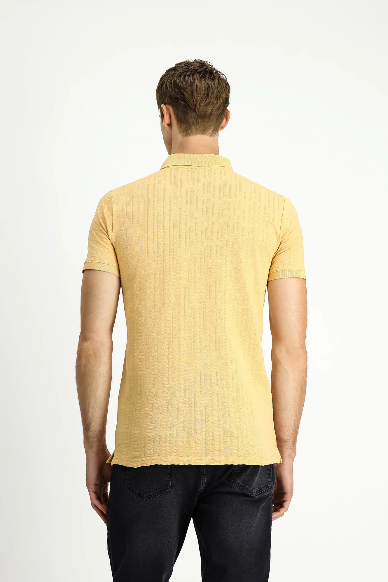 Orta Bej Slim Fit Dar Kesim Pamuk Desenli Fermuarlı Polo Yaka Tişört - Image 5