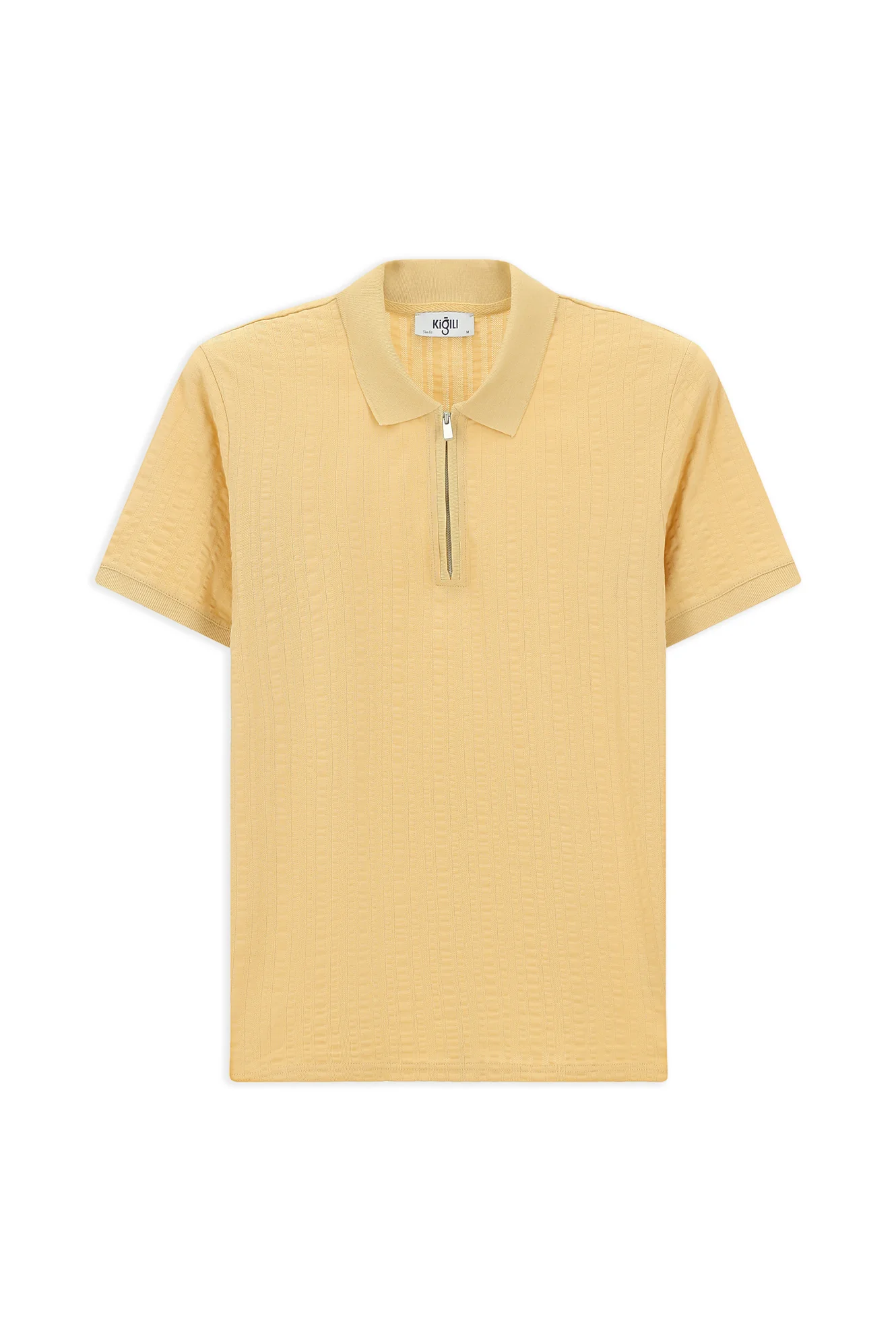 Orta Bej Slim Fit Dar Kesim Pamuk Desenli Fermuarlı Polo Yaka Tişört - Image 8