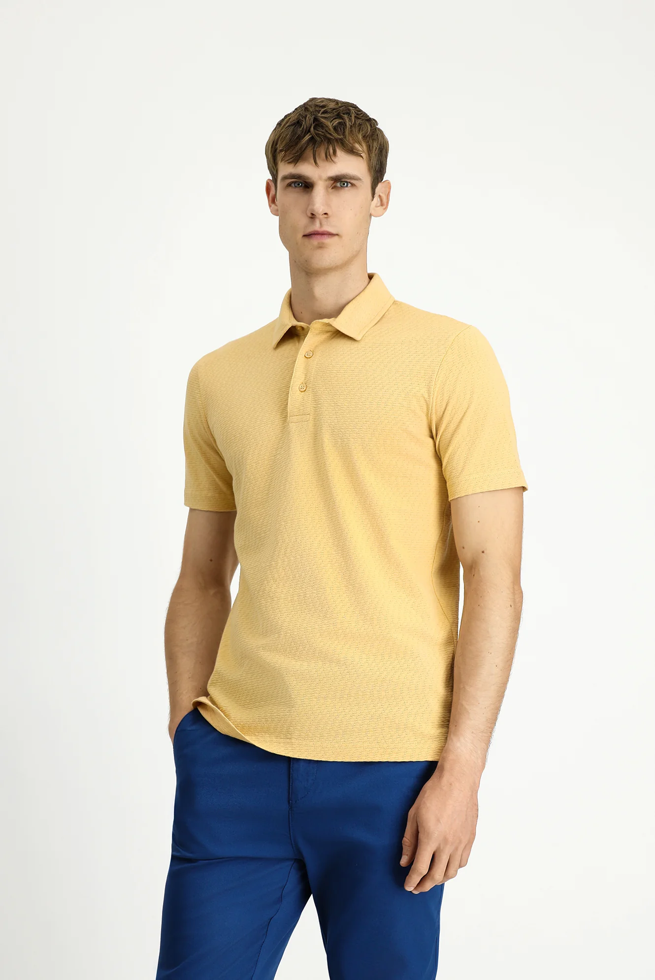 Orta Bej Slim Fit Dar Kesim Pamuk Desenli Polo Yaka Tişört - Image 3