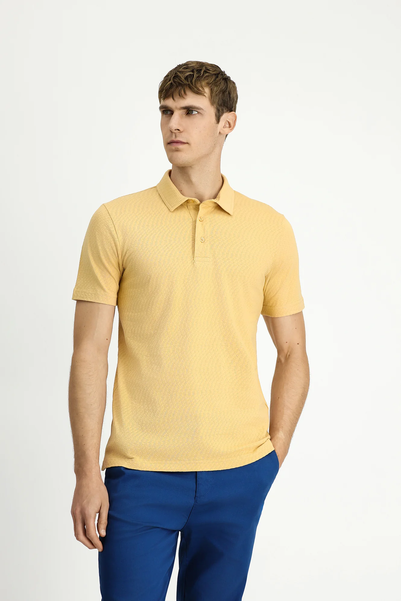 Orta Bej Slim Fit Dar Kesim Pamuk Desenli Polo Yaka Tişört - Image 4