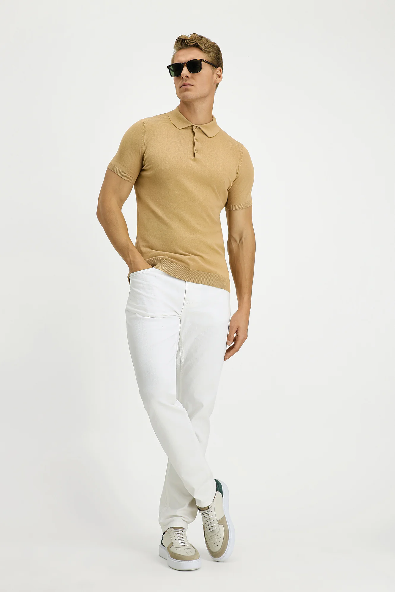 Orta Bej Slim Fit Dar Kesim Pamuk Polo Yaka Örme Tişört - Image 2