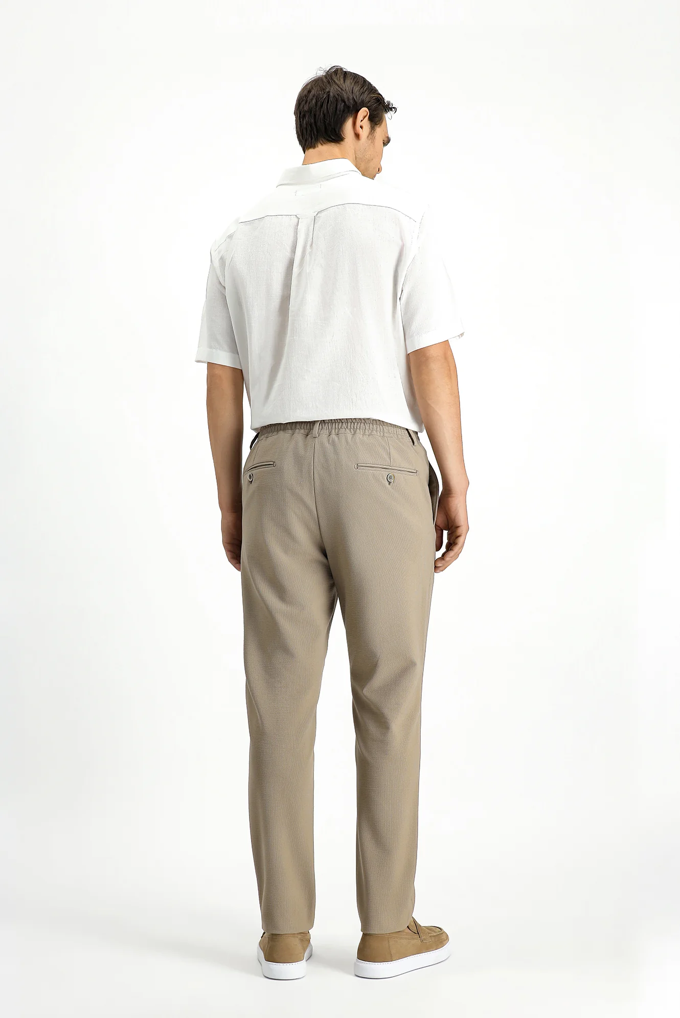 Orta Bej 7 Drop Super Slim Fit Eksra Dar Kesim Beli Lastikli İpli Gofre Likralı Klasik Kumaş Pantolon - Image 3
