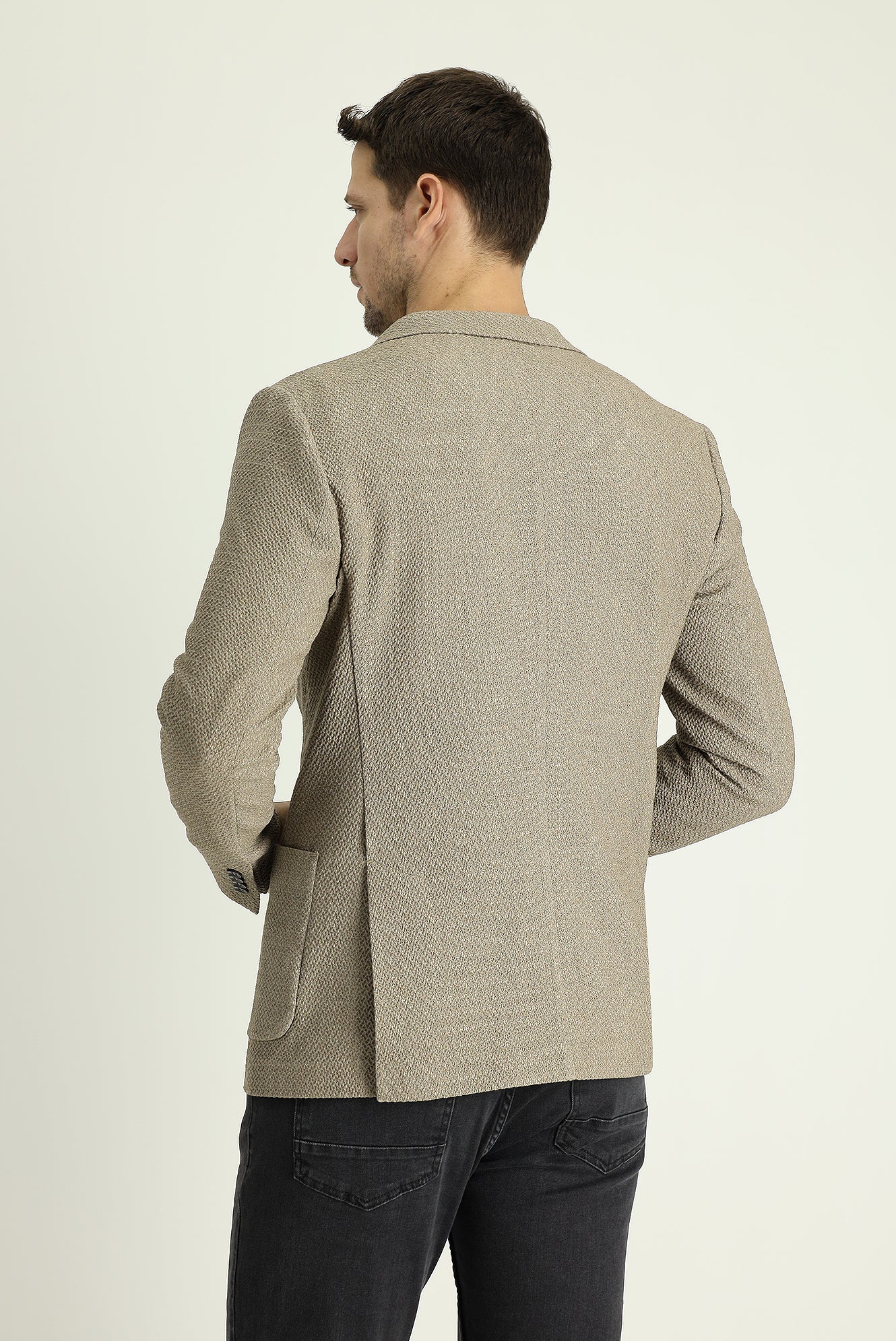 Orta Bej 7 Drop Super Slim Fit Eksra Dar Kesim Desenli Ceket - Image 5