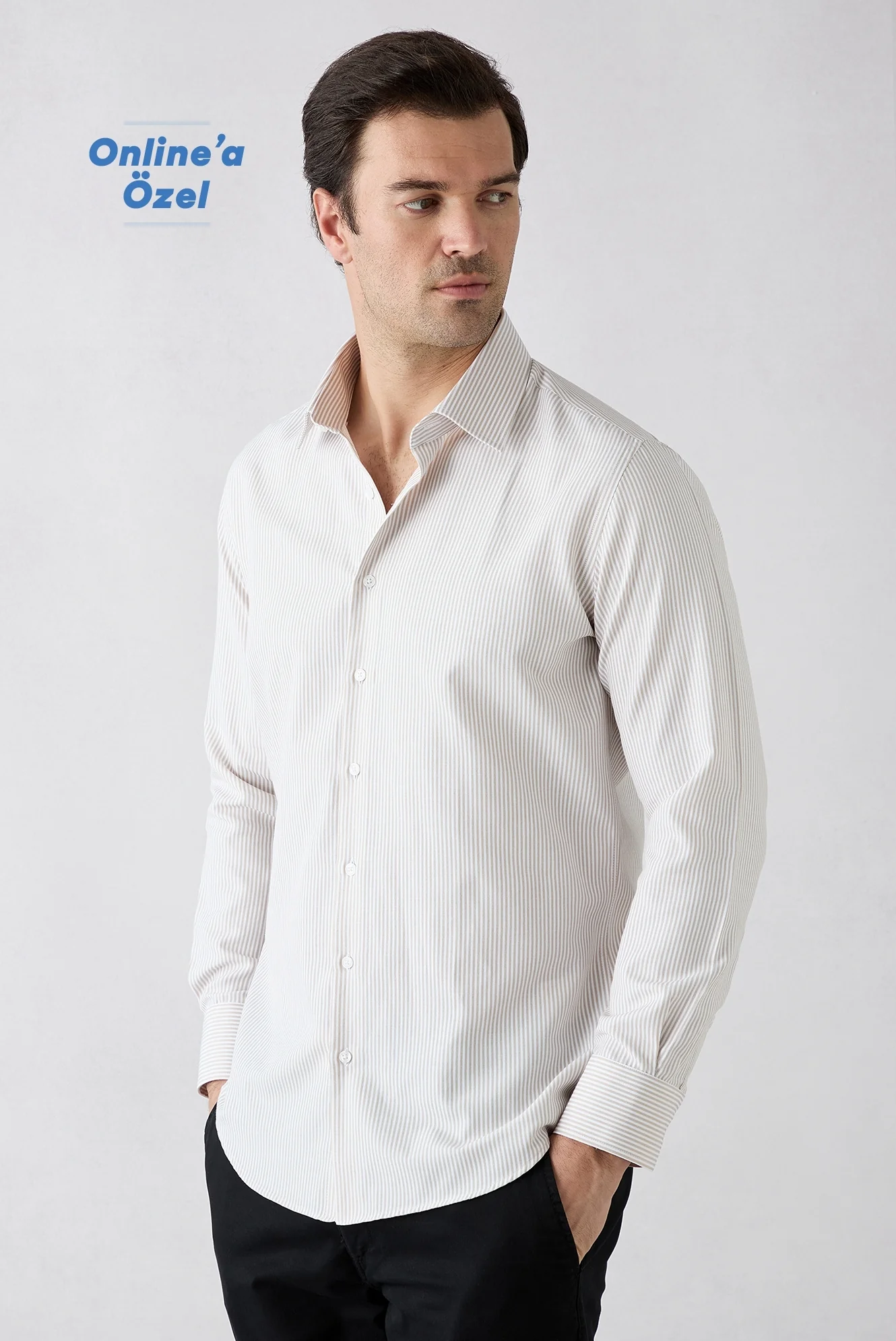 Orta Bej Uzun Kol Slim Fit Çizgili Klasik Yaka Pamuklu Kolay Ütülenebilir Gömlek