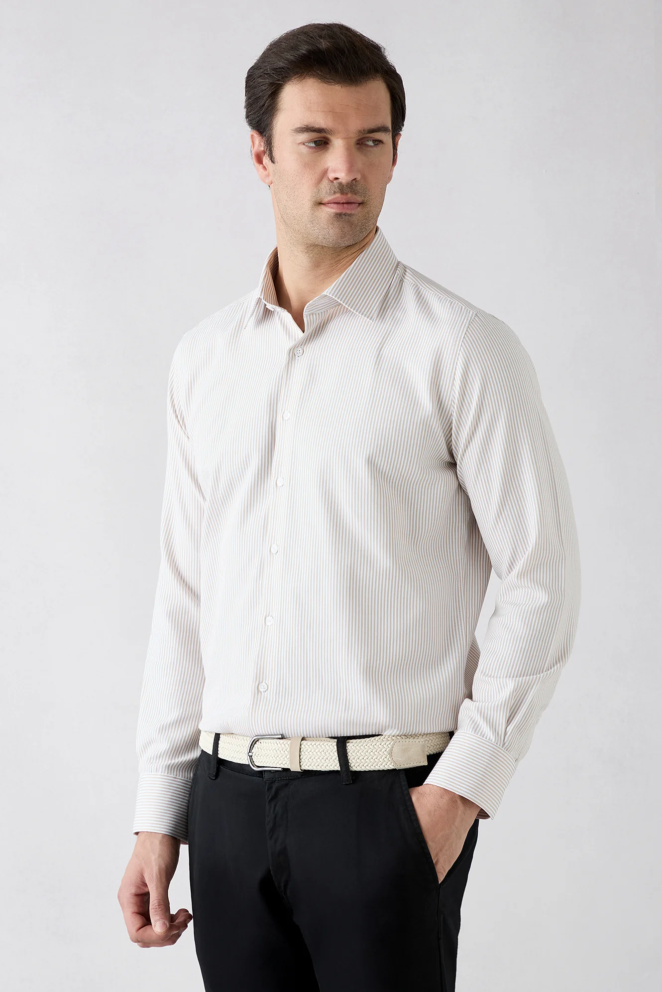 Orta Bej Uzun Kol Slim Fit Çizgili Klasik Yaka Pamuklu Kolay Ütülenebilir Gömlek - Image 3