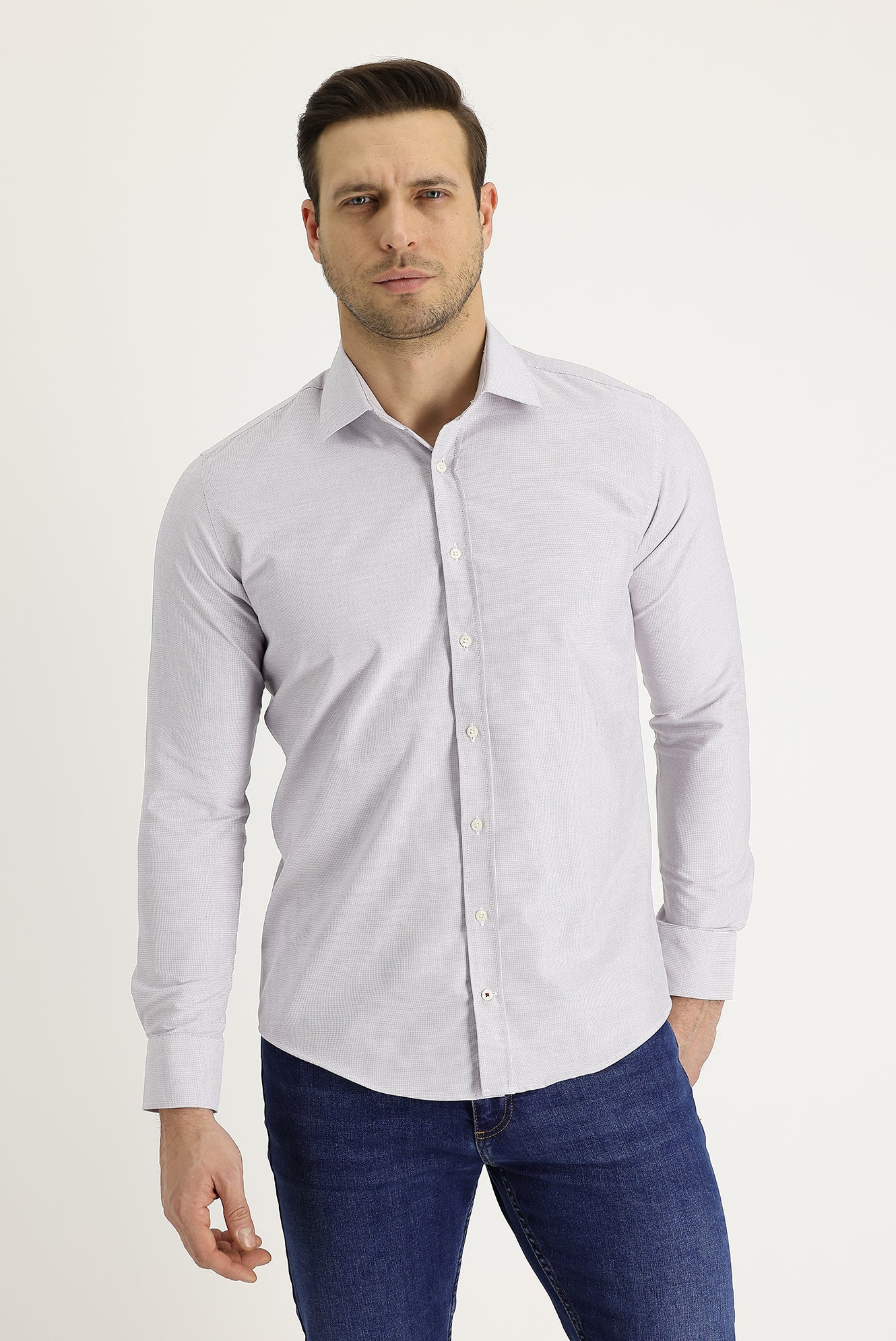 Orta Bej Uzun Kol Slim Fit Dar Kesim Klasik Desenli Pamuklu Kolay Ütülenebilir Gömlek - Image 2