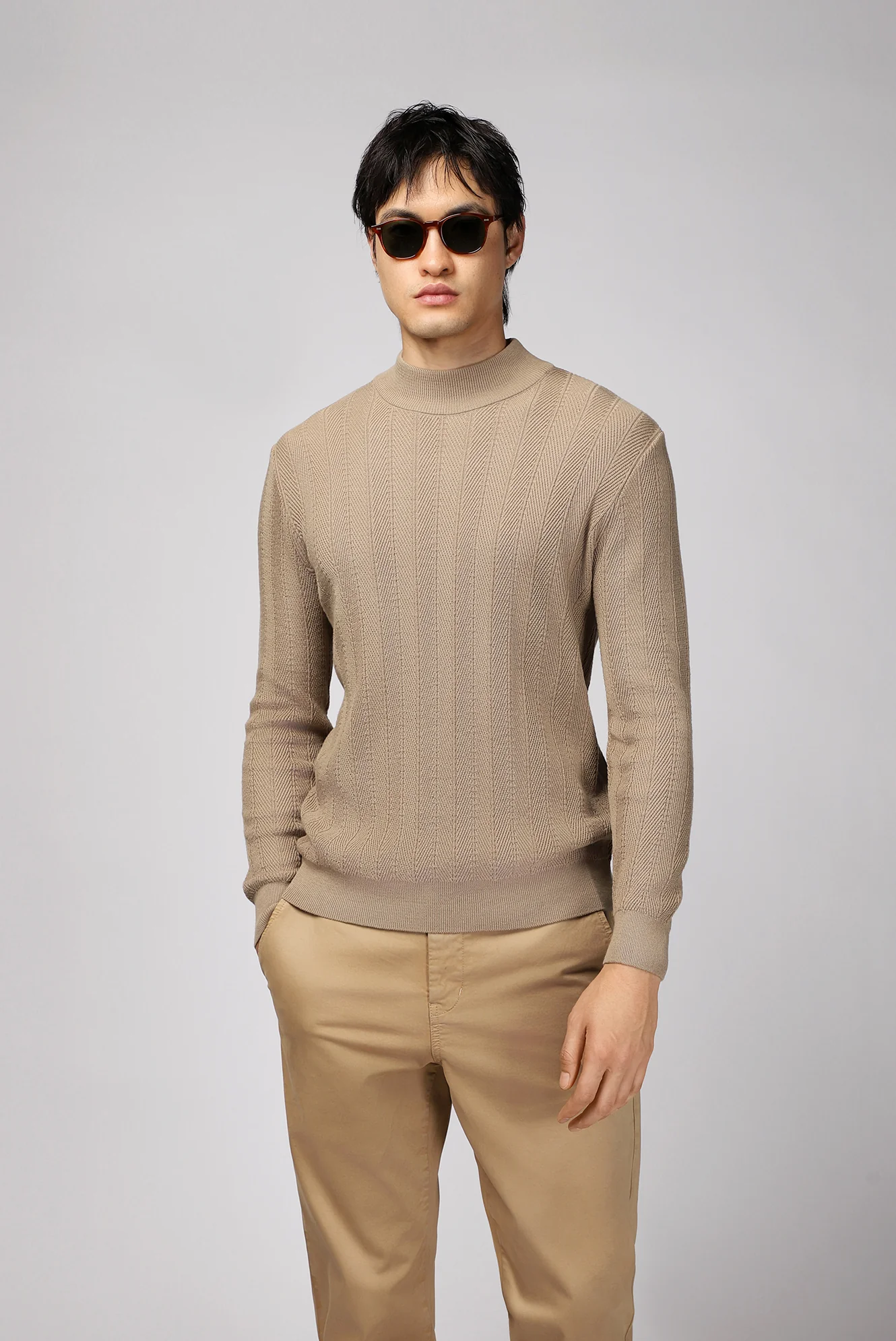 Orta Bej Yarım Balıkçı Yaka Slim Fit Çizgili Pamuklu Triko Kazak