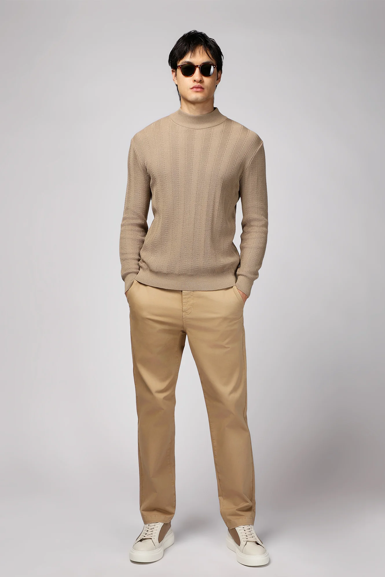 Orta Bej Yarım Balıkçı Yaka Slim Fit Çizgili Pamuklu Triko Kazak - Image 2