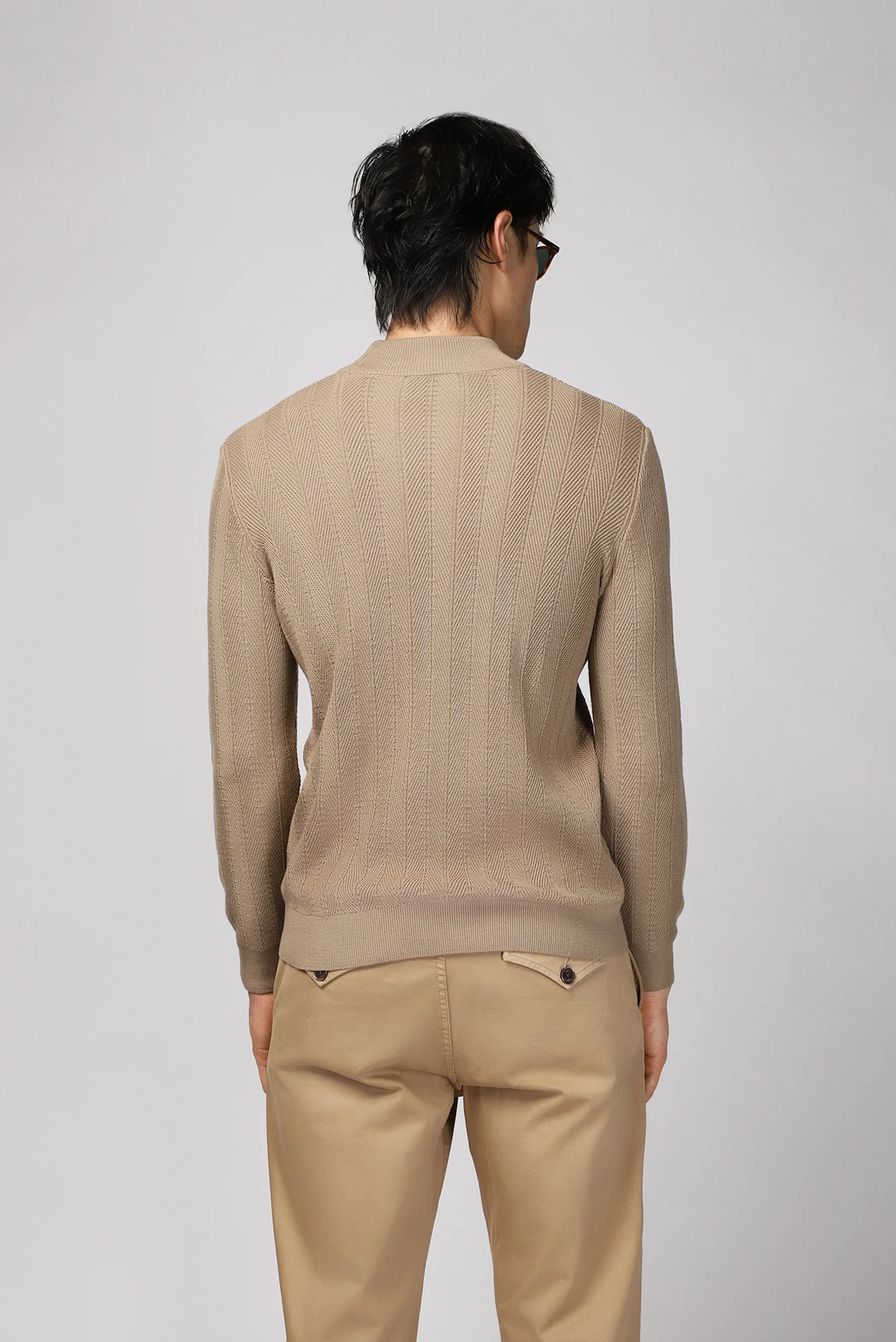 Orta Bej Yarım Balıkçı Yaka Slim Fit Çizgili Pamuklu Triko Kazak - Image 4
