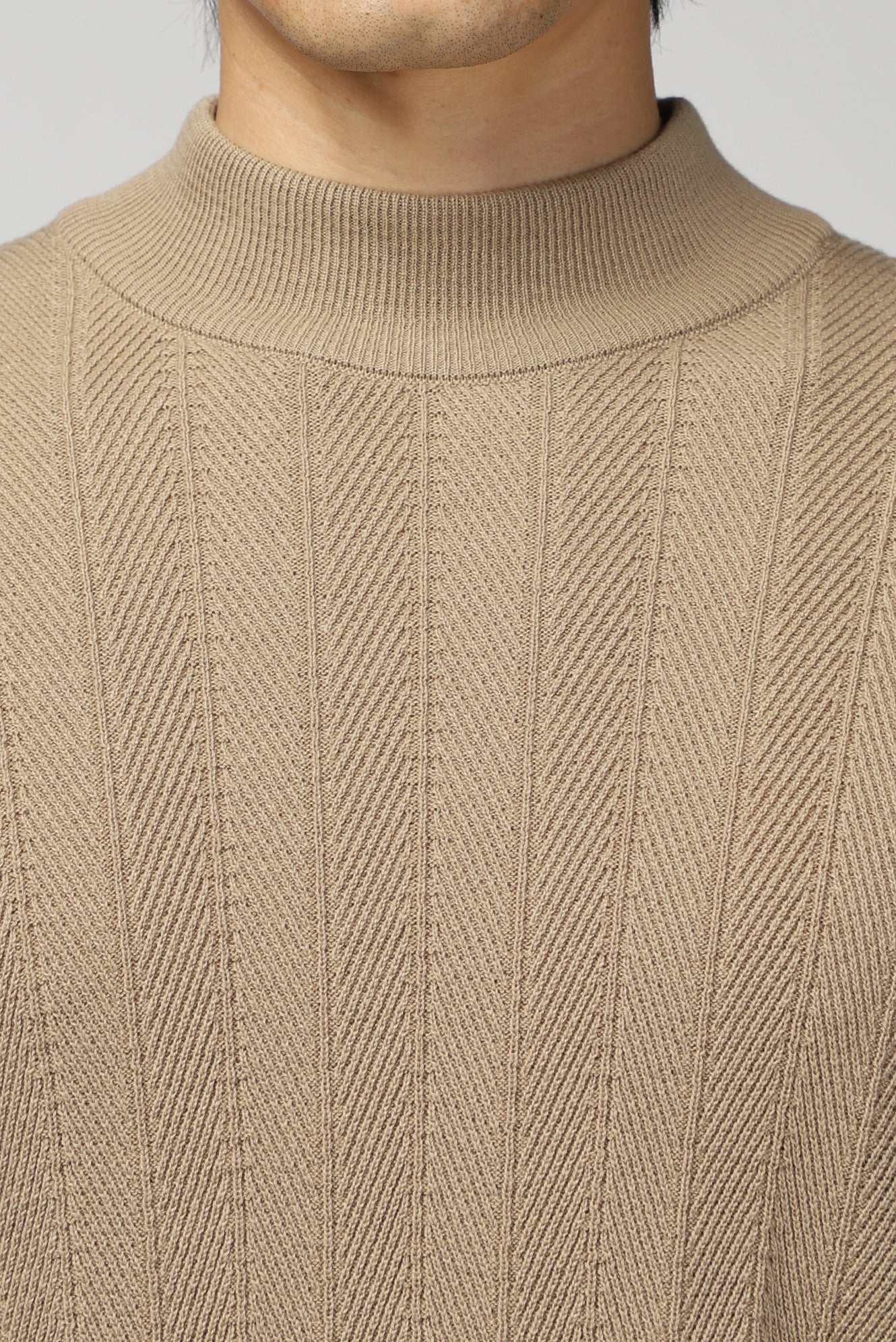 Orta Bej Yarım Balıkçı Yaka Slim Fit Çizgili Pamuklu Triko Kazak - Image 5