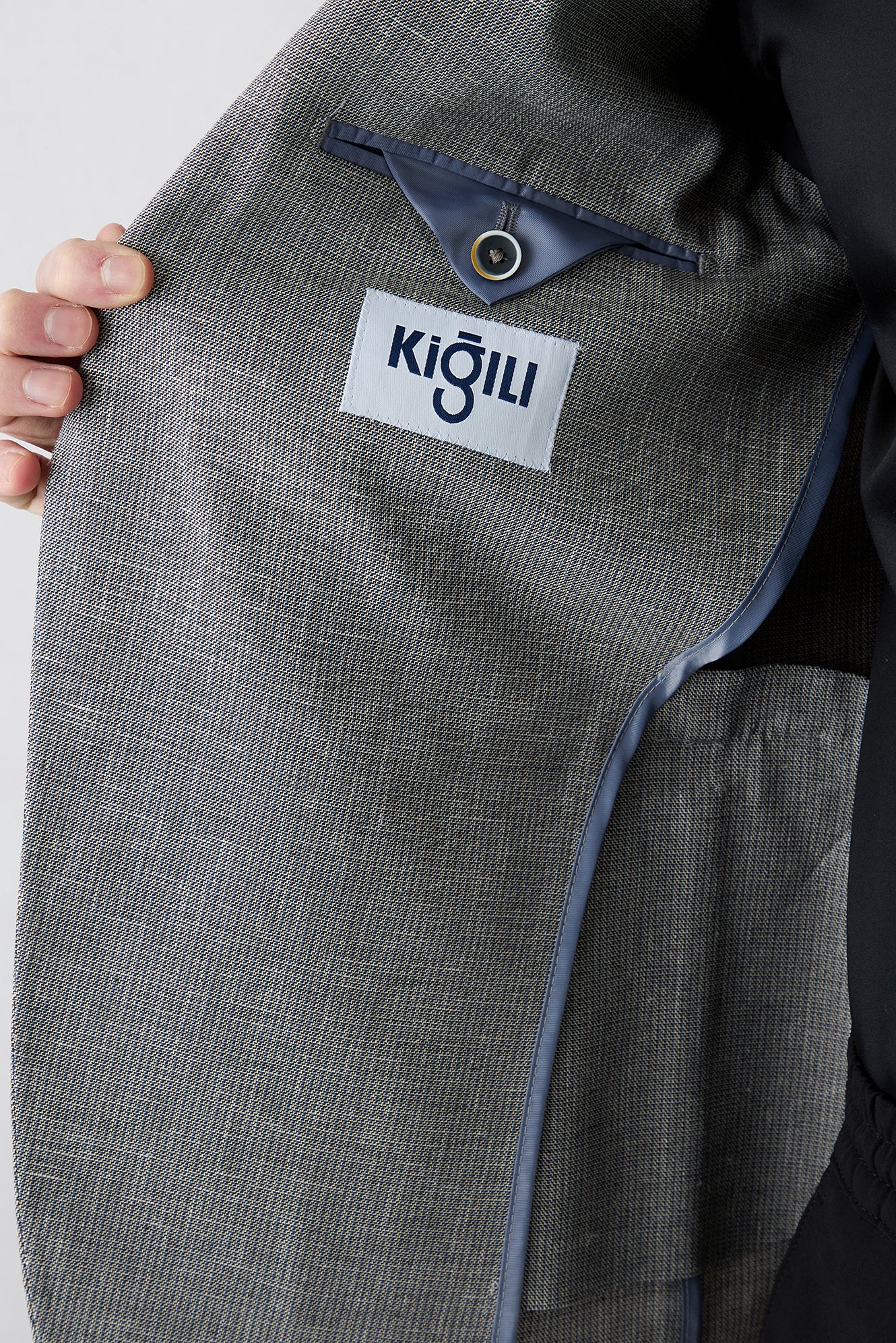 Orta Füme 4 Drop Relaxed Fit Rahat Kesim Mono Yaka Desenli Klasik Keten Karışımlı Ceket - Image 4