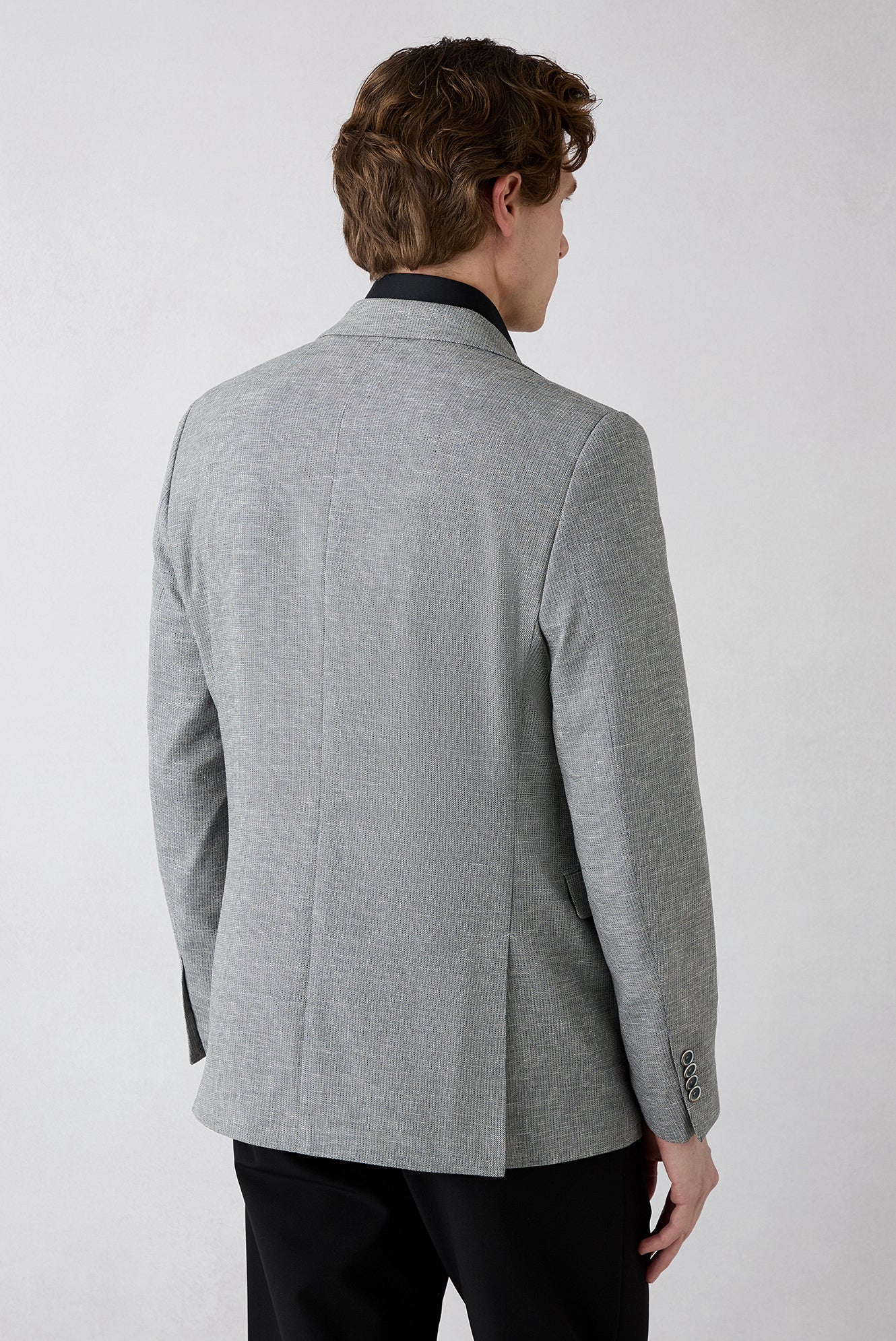 Orta Füme 4 Drop Relaxed Fit Rahat Kesim Mono Yaka Desenli Klasik Keten Karışımlı Ceket - Image 6