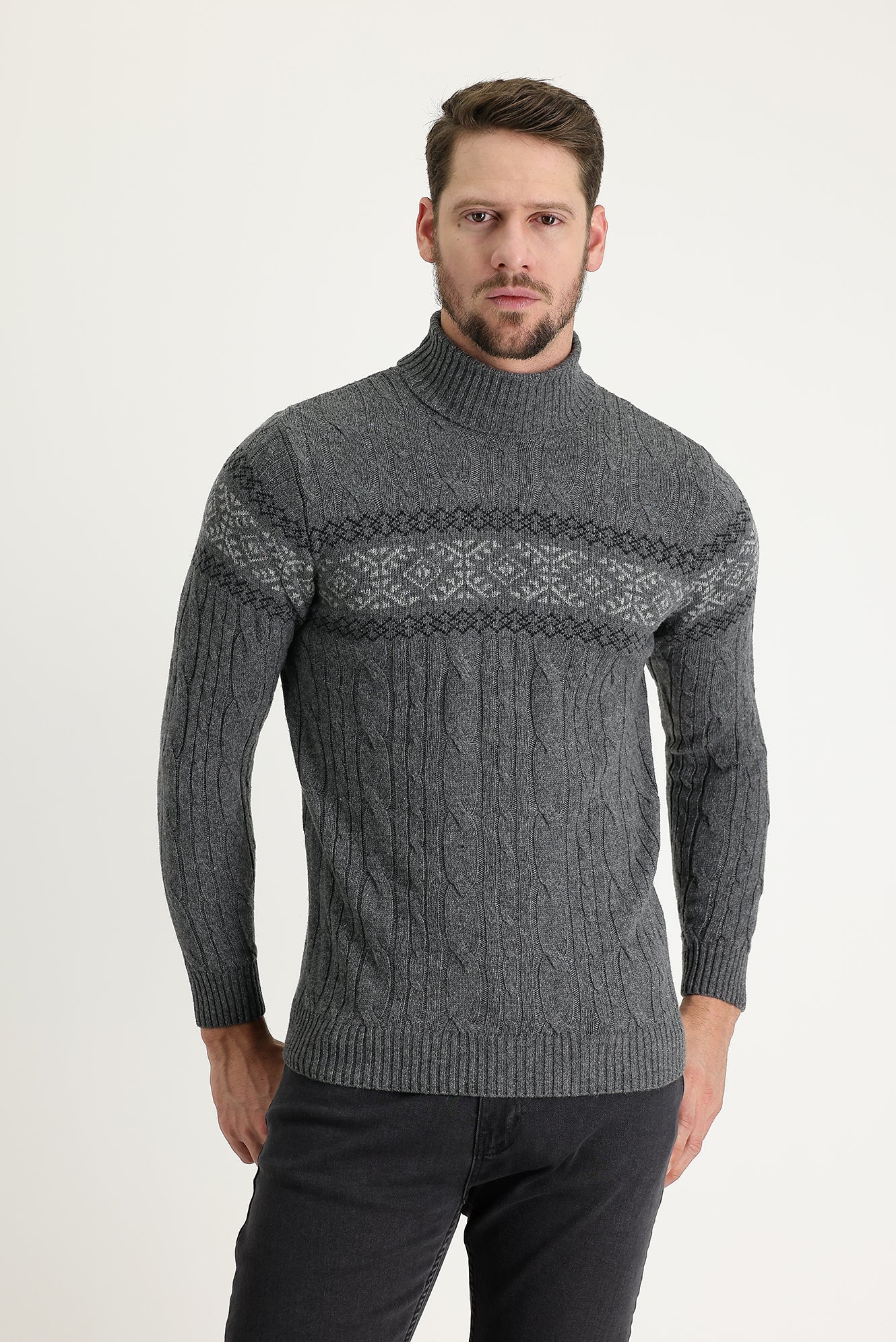 Orta Füme Balıkçı Yaka Slim Fit Dar Kesim Yünlü Desenli Triko Kazak - Image 2