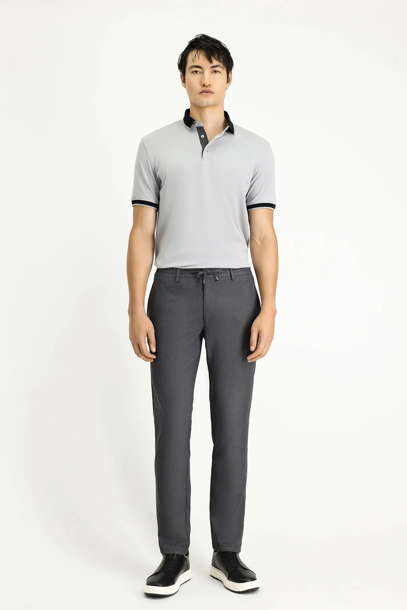 Orta Füme Slim Fit Dar Kesim Beli Bağcıklı Lastikli Pantolon - Image 2