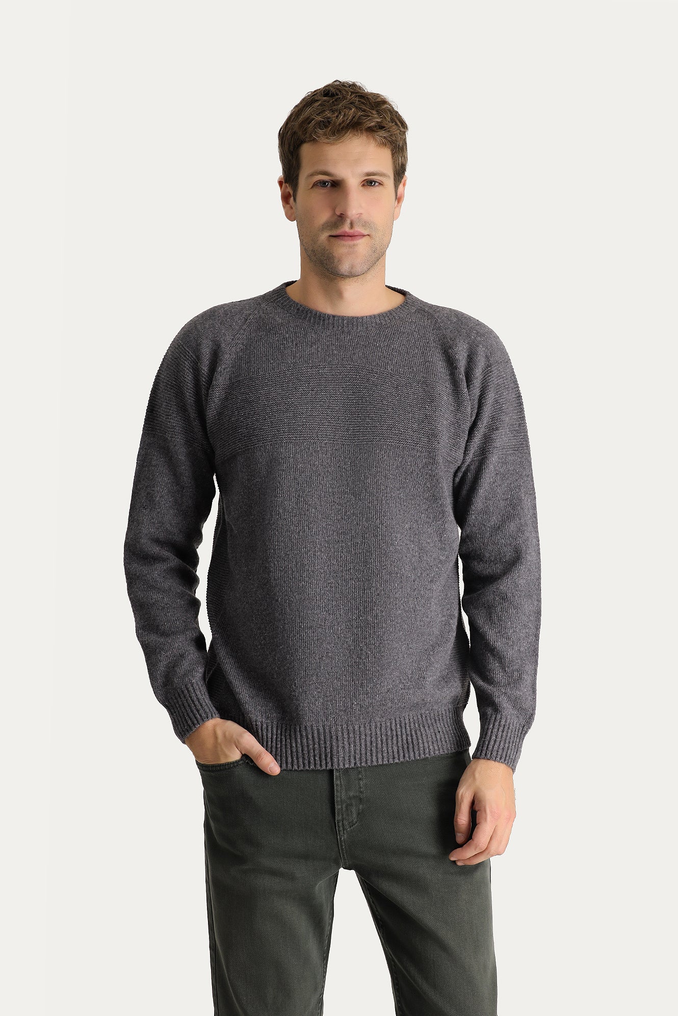 Orta Füme Bisiklet Yaka Slim Fit Dar Kesim Dikişsiz Desenli Yünlü Triko Kazak - Image 3