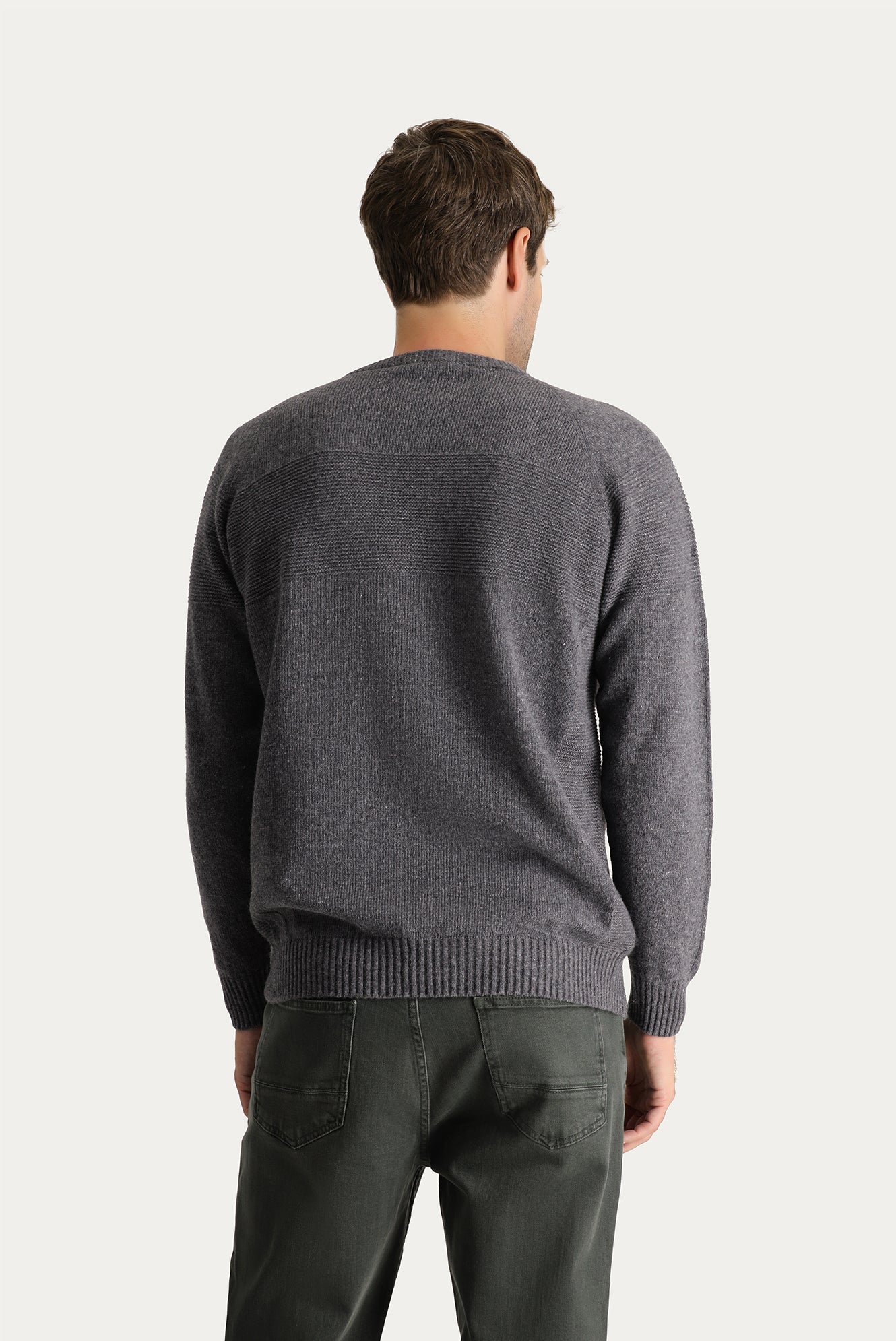 Orta Füme Bisiklet Yaka Slim Fit Dar Kesim Dikişsiz Desenli Yünlü Triko Kazak - Image 4