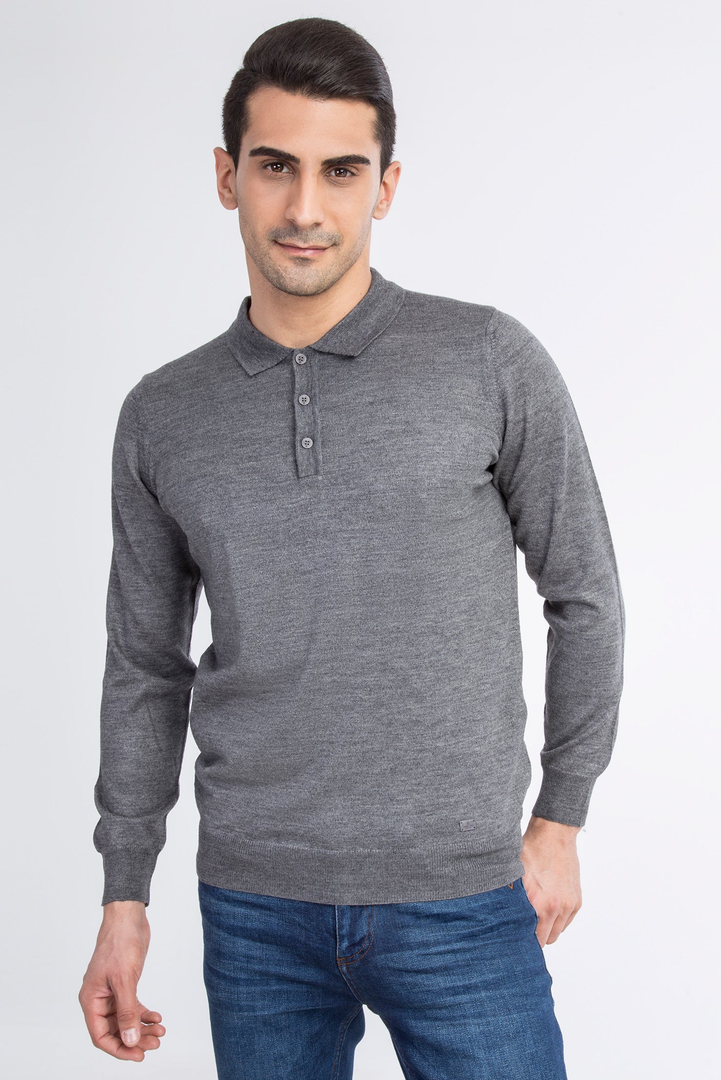 Orta Füme Polo Yaka Regular Fit Yünlü Triko Kazak