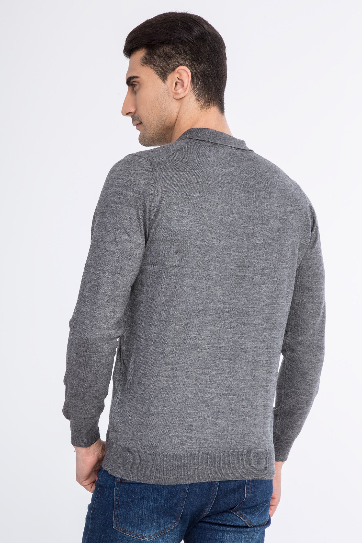 Orta Füme Polo Yaka Regular Fit Yünlü Triko Kazak - Image 4