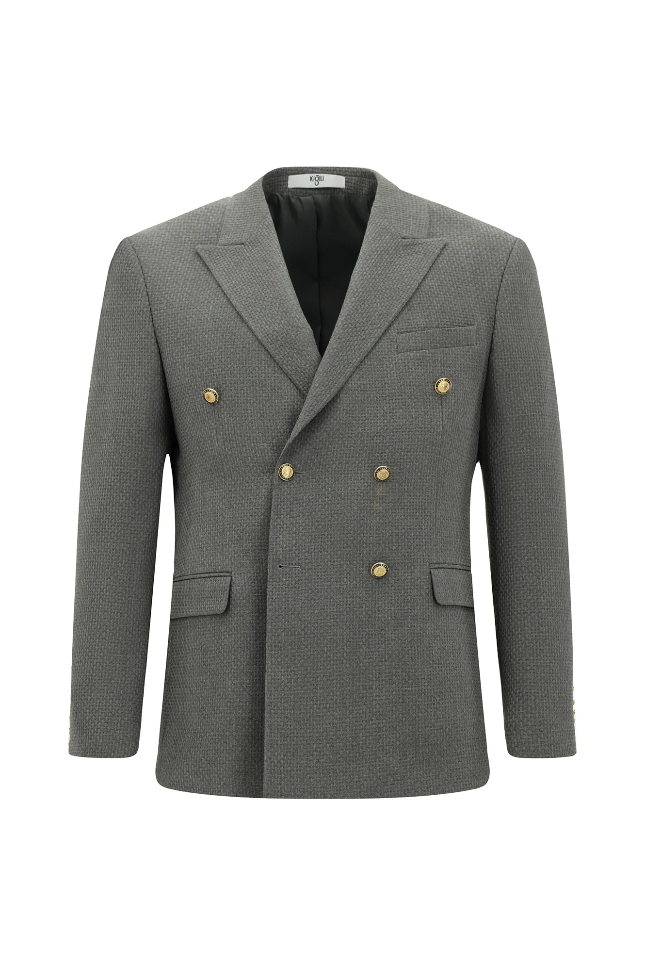Orta Füme 7 Drop Slim Fit Dar Kesim Desenli Kruvaze Ceket