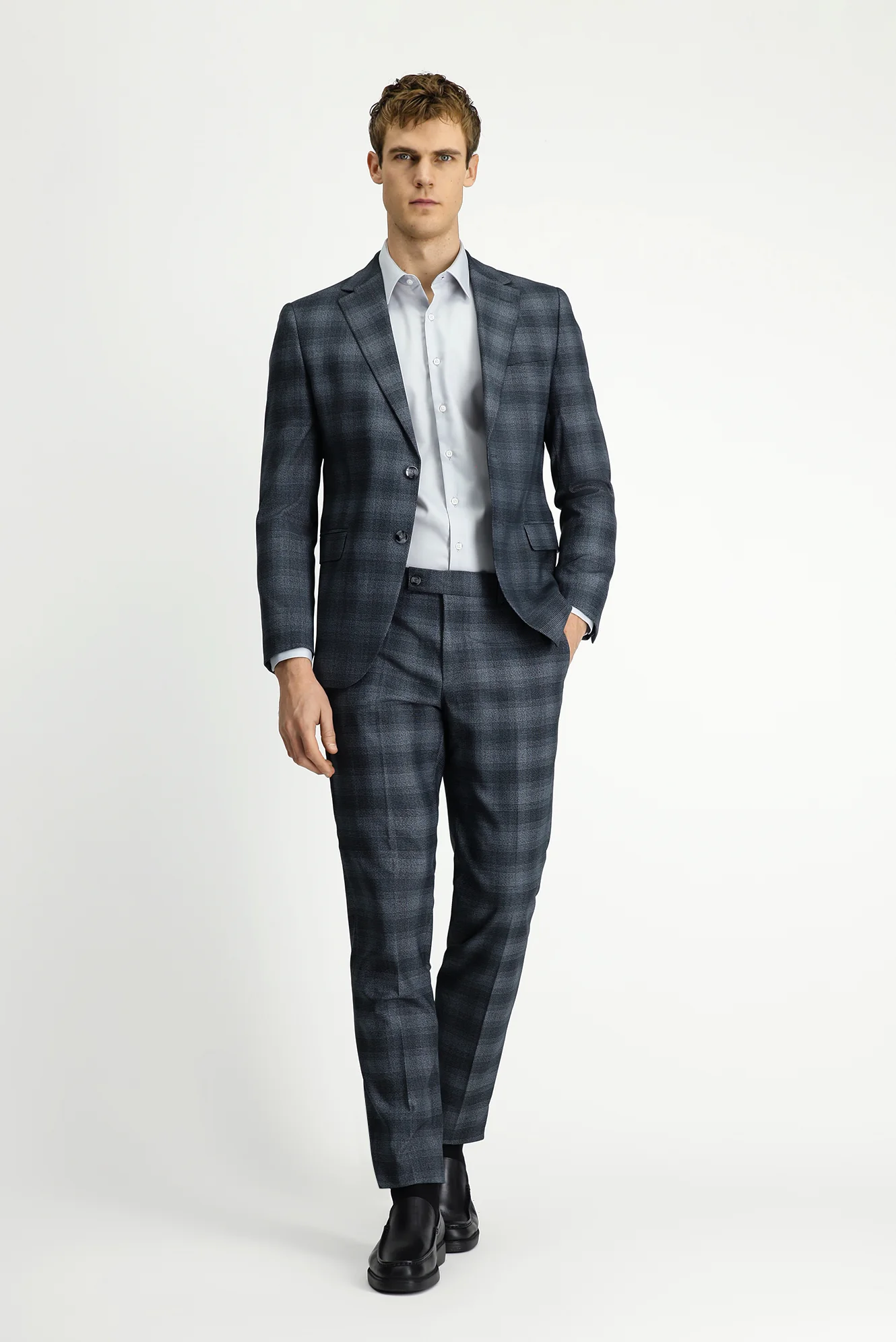 Orta Füme 7 Drop Slim Fit Dar Kesim Ekose Takım Elbise